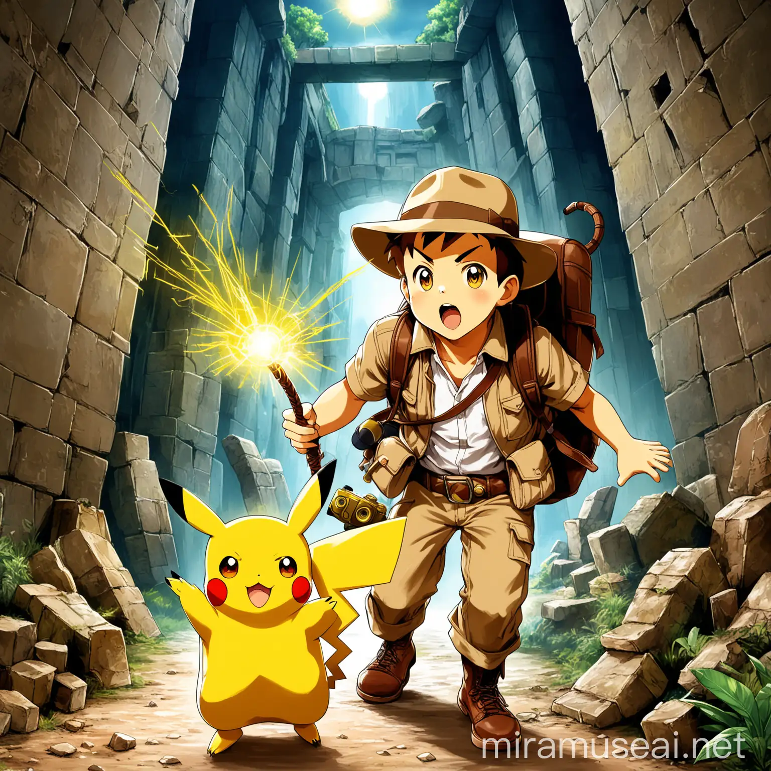 Adventurous Explorer with Pikachu Ready for Ancient Ruins and Treasures