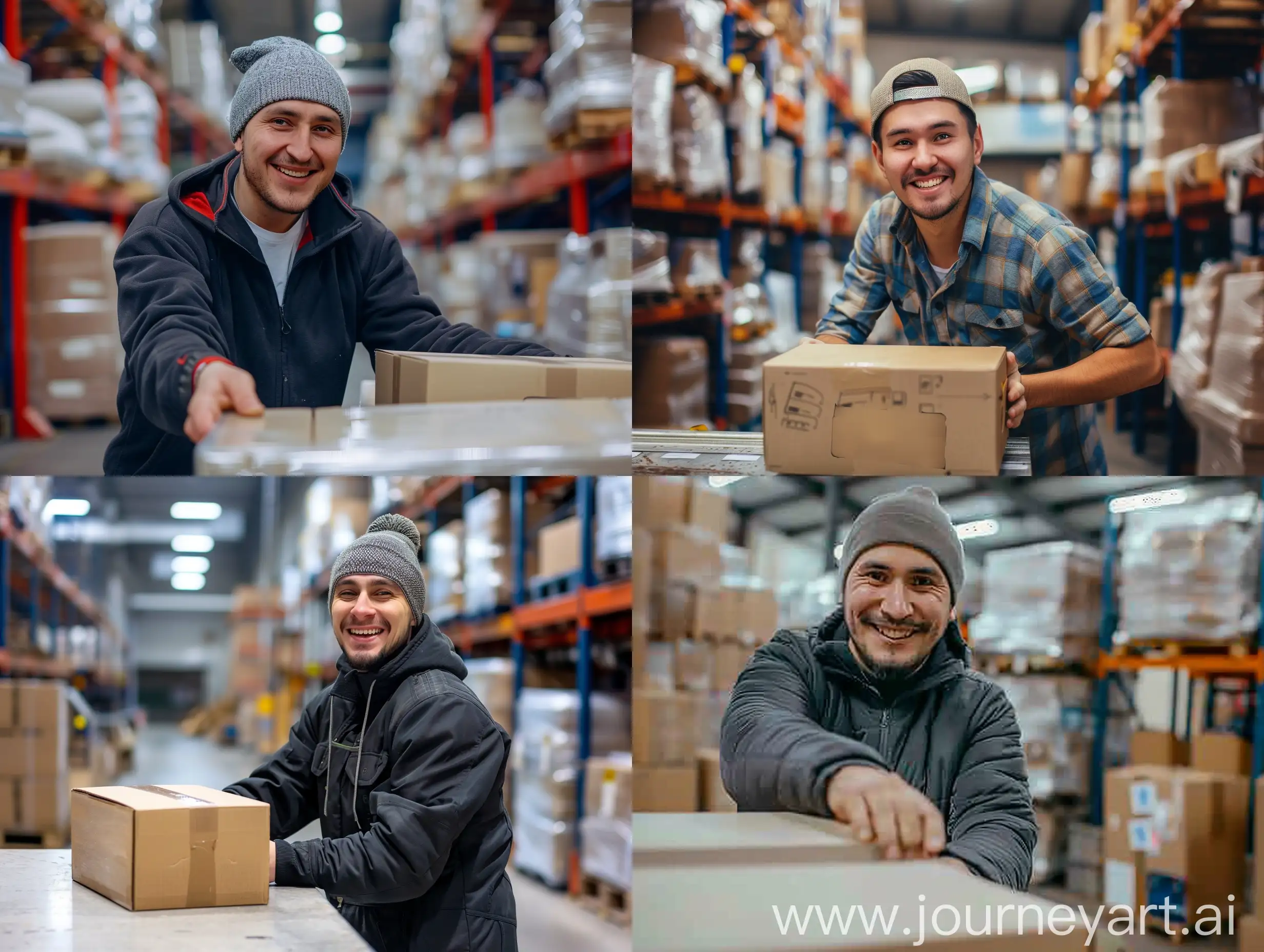 работник склада славянской внешности без шапки улыбается на складе и ставит коробку на стол
