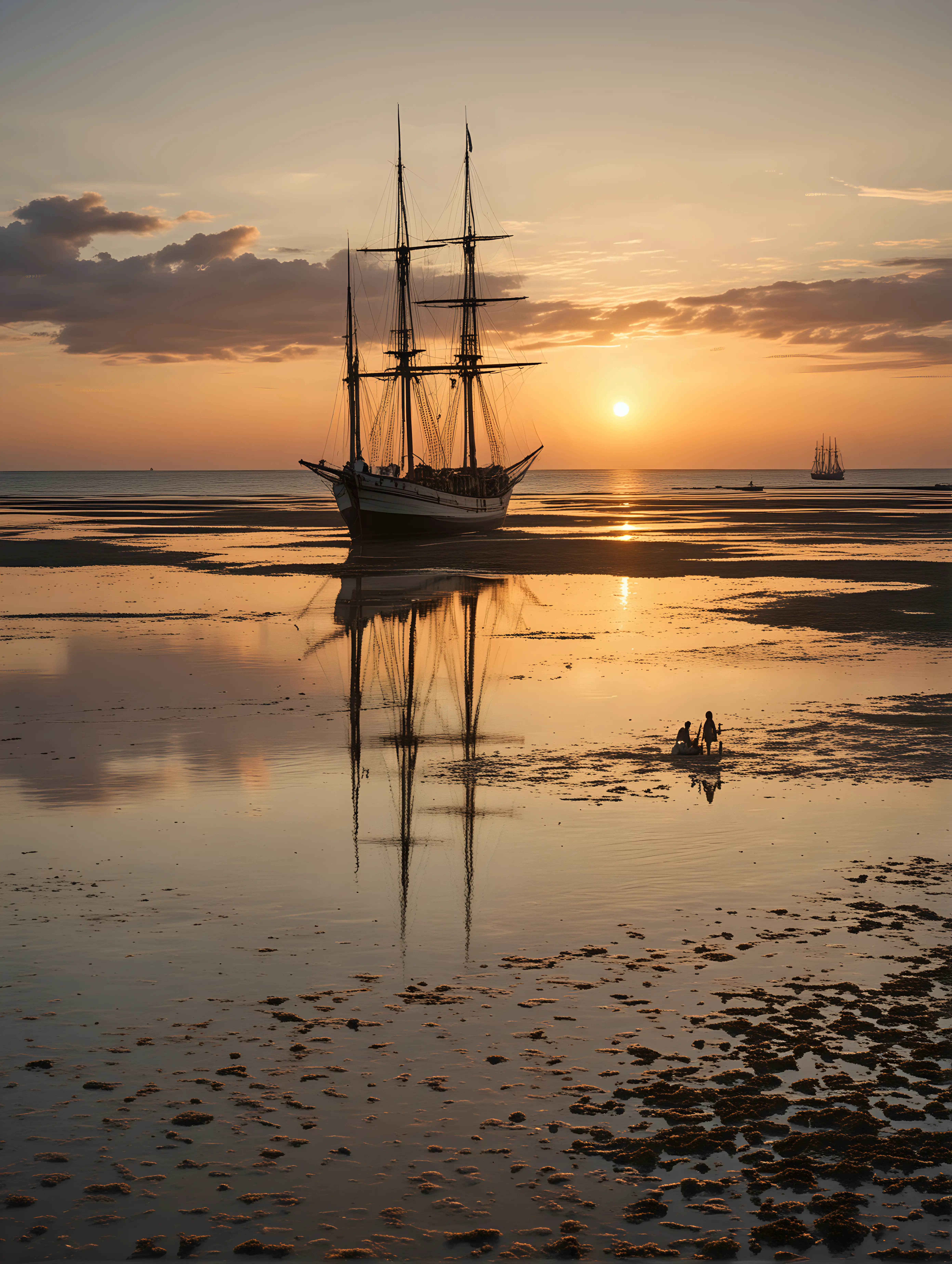 landscape, sea at low tide and sunset, two girls in the foreground, two men further away, two sailing ships , sinar 50 asa, wideangel
