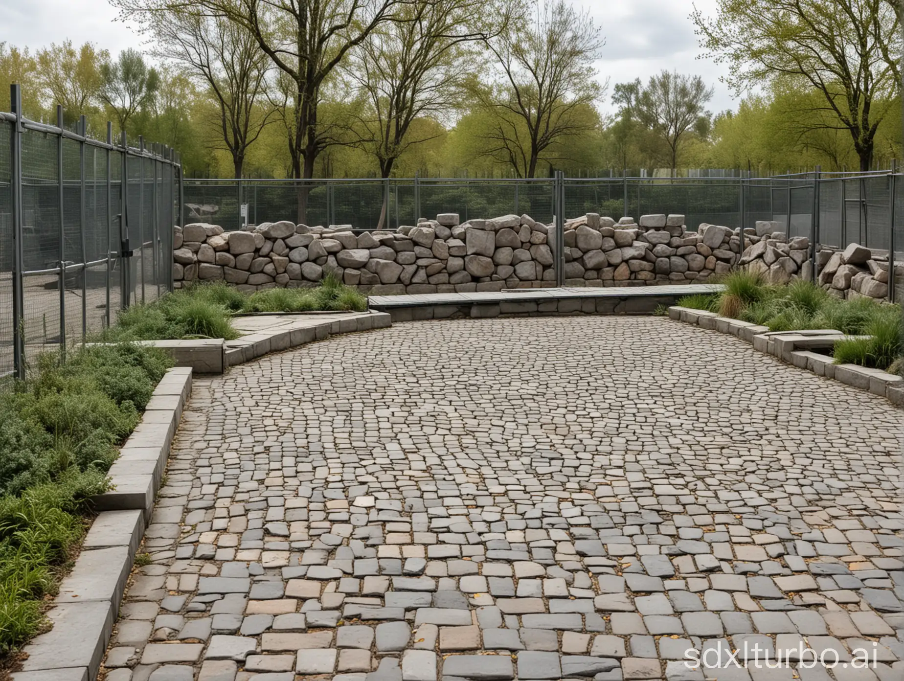 Background of zoo enclosure made of steel, in front to the left bushes right paving stones