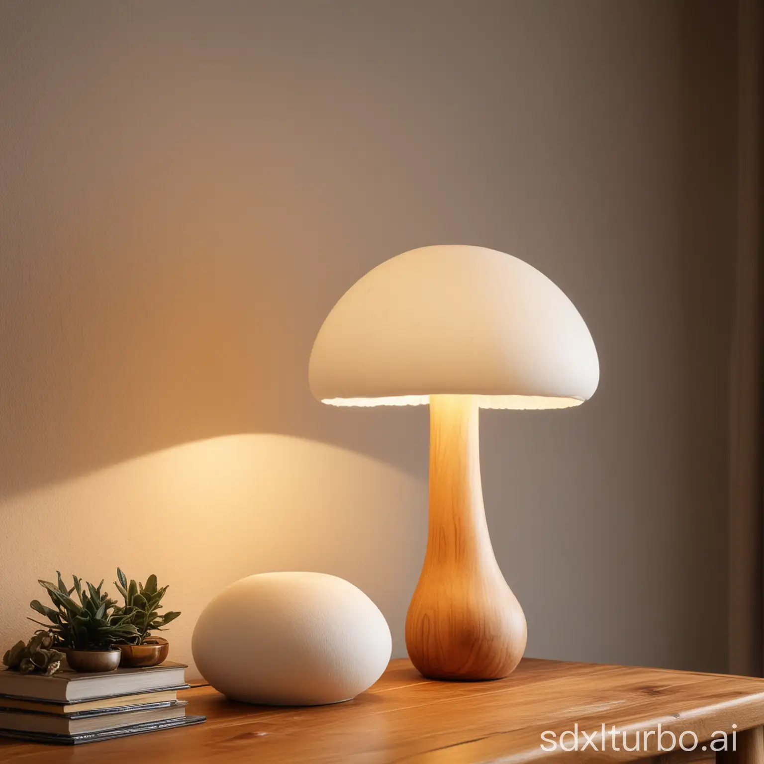 A white mushroom-shaped table lamp sits on a wooden desk. The lamp has a simple, elegant design with a rounded base and a curved shade. The light from the lamp casts a warm, inviting glow.