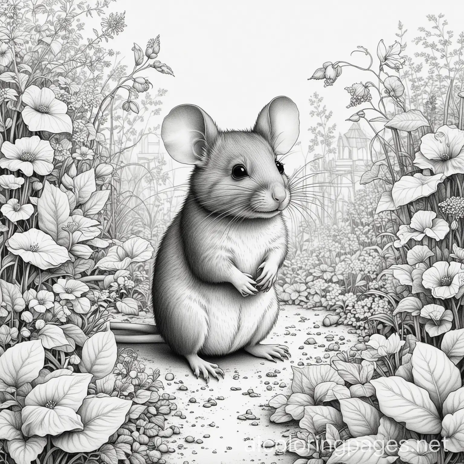 mouse in a garden, Coloring Page, black and white, line art, white background, Simplicity, Ample White Space