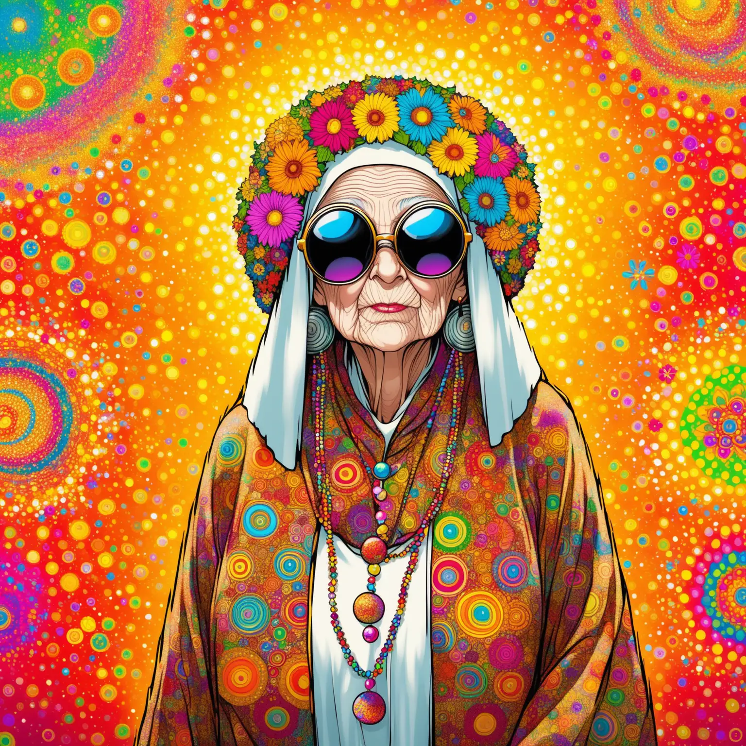 CRAZY  OLD NUN WEARING SUNGLASSES AS A HIPPY WITH PAISLEY PATTERN CLOTHES IN STYLE OF KUSTAZ KLIMT AND JACKSON POLLOCK PSYCHEDELIC, CRAZY BACKGROUND GOLD MESSY,     FLOERS IN HER HAIR BIG HIPPY STYLE, FLOWERS IN HEAR HAIR , SPIRAL SUNGLASSES SUMMER OF LOVE, MORE FLOWERS MORE FLOWERS , ON A BEAH DRINKING COCKTAILS

