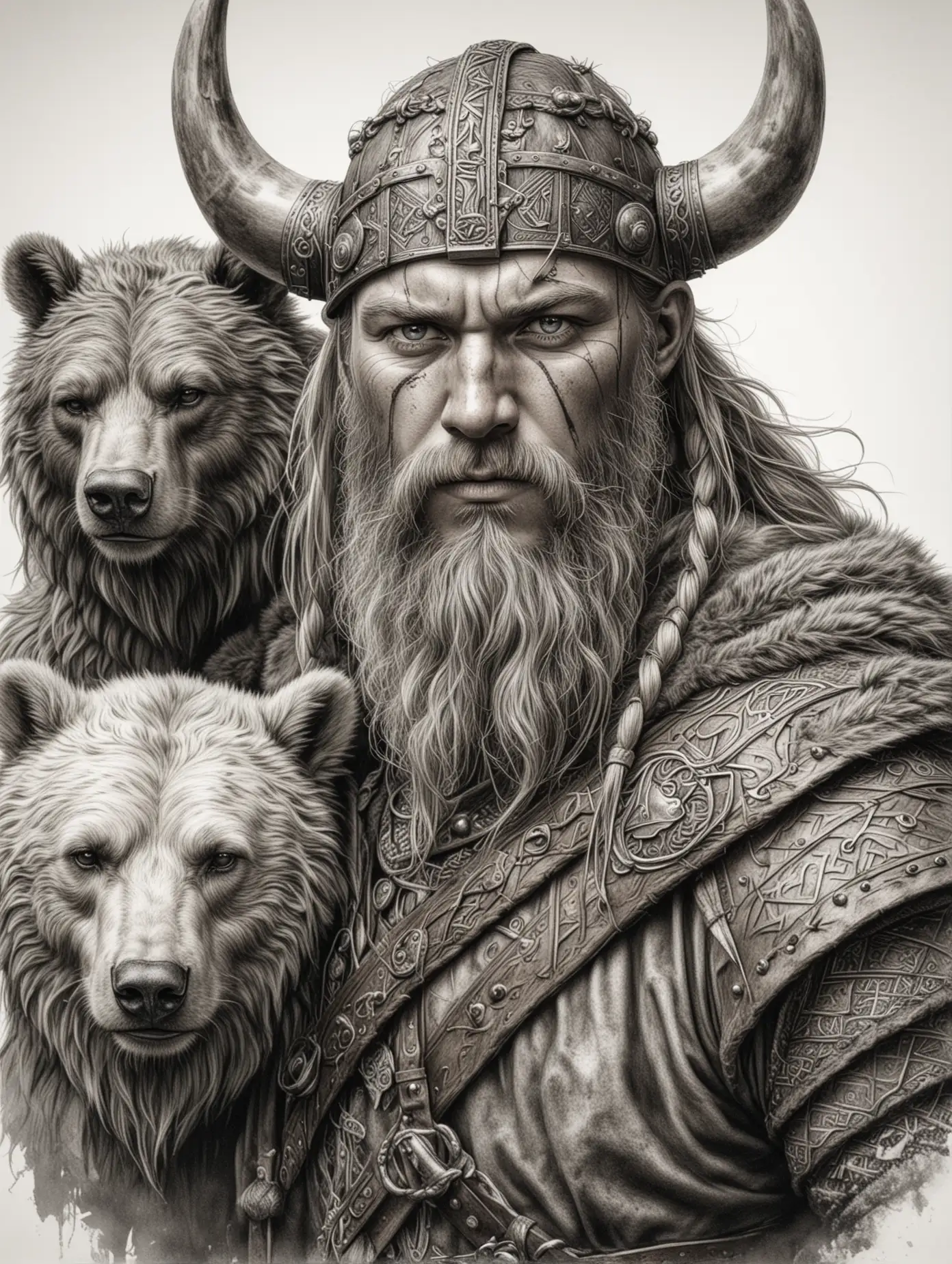 Detailed-Realistic-Viking-with-Bear-Drawing-Pencil-Sketch-on-White-Background