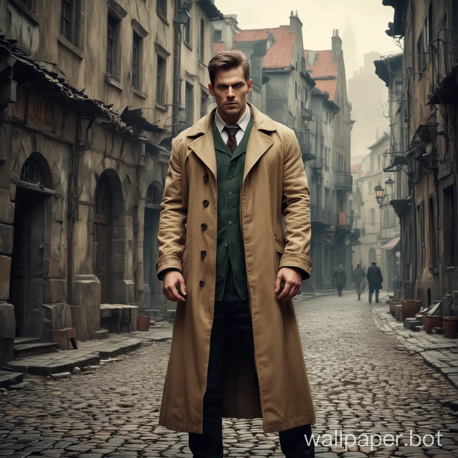 фэнтези брутальный врач, в длинном бежевом пальто на фоне старинного фэнтези города