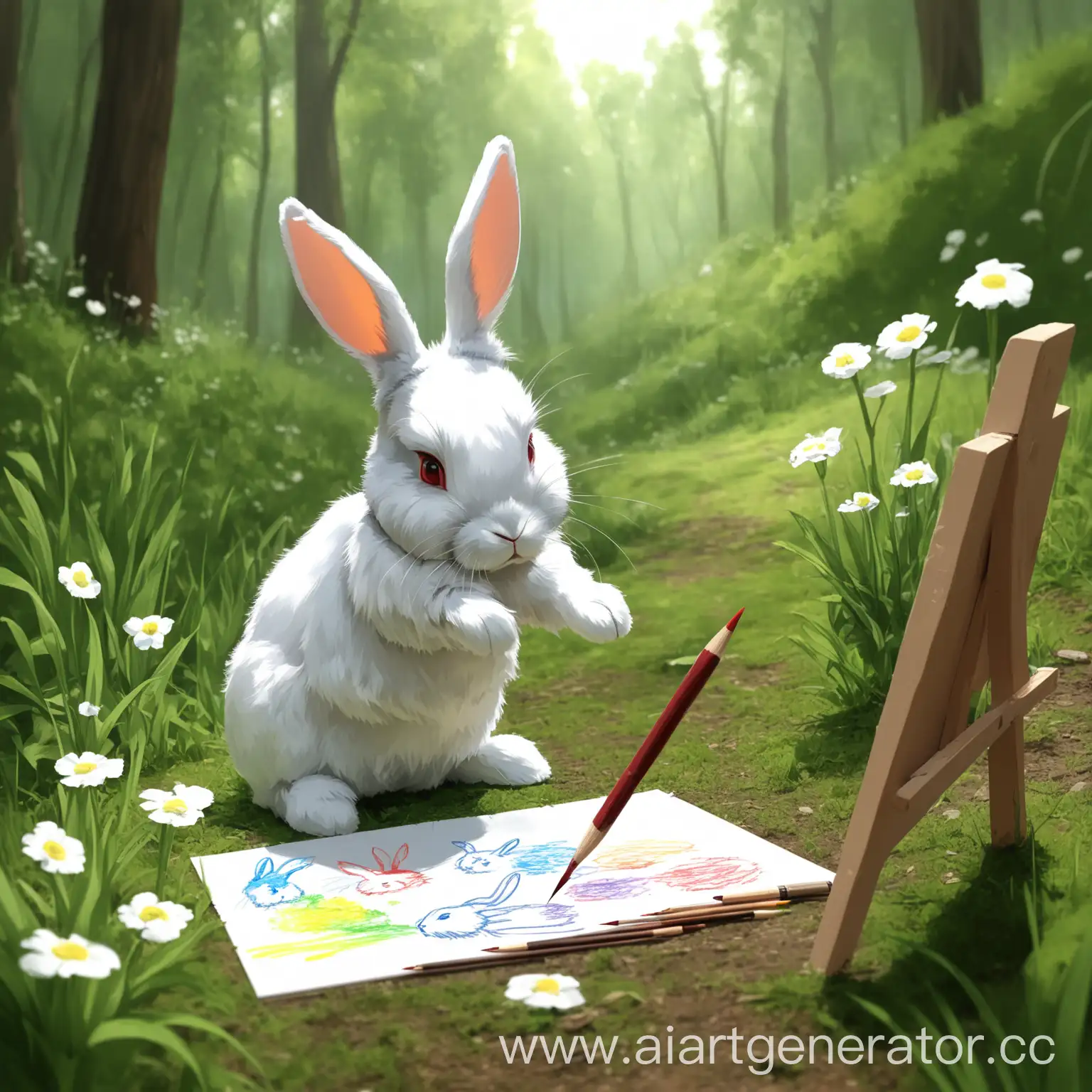 кролик работает художником, рисует на природе 