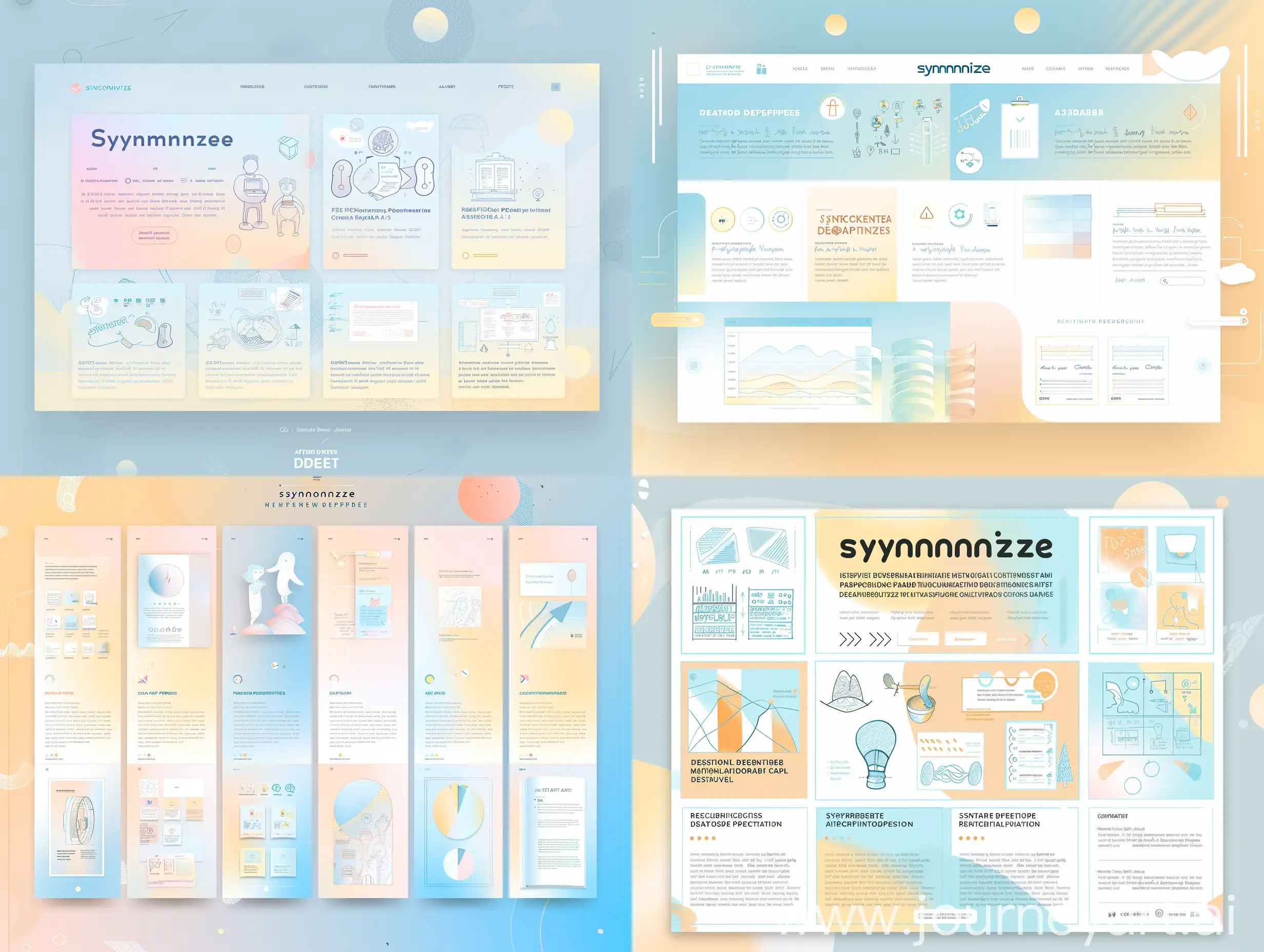 "Design a long-scroll Behance post template for 'Synkronize,' featuring a soft pastel blue (#A3DAFB) and warm pastel yellow (#FFE4A1) gradient color scheme with white (#FFFFFF) accents. The template includes a header section with the project logo and title, an issue statement section with text and icons, a research findings section with infographics, a concept development section with sketches and mood boards, a design process section with step-by-step visuals, a final design section with high-quality images, and a conclusion section with a summary and call to action. Typography is bold and playful for headers, regular for body text, and italicized for captions. Icons are simple and flat, with soft pastel backgrounds. Use rounded edges for buttons and elements, with arrow indicators for navigation and gradient spots for backgrounds."layout design style