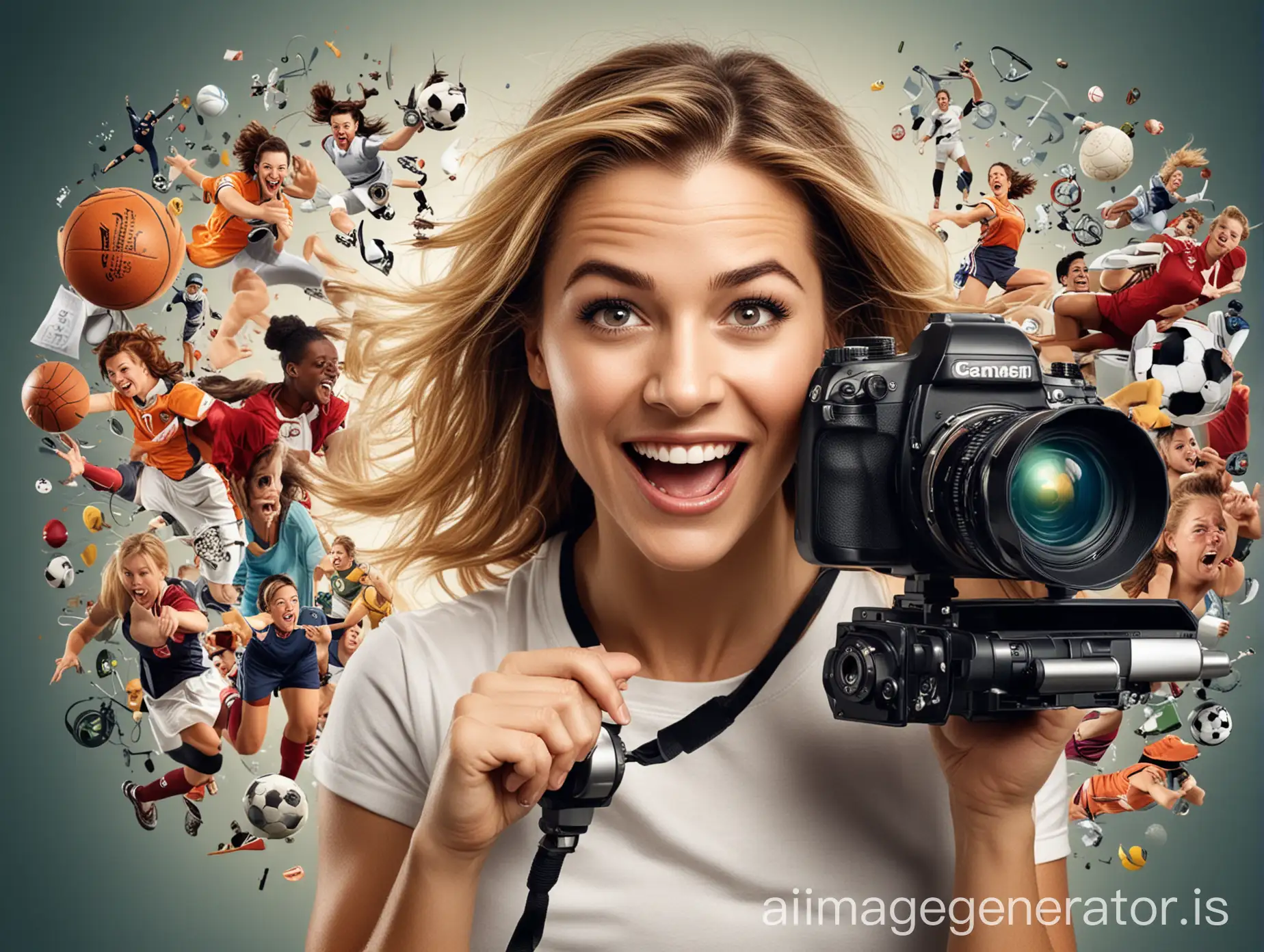 Create a combination of sports, laughter, cinema, science, knowledge, and camera symbols in an image to create an advertising banner. Use more female movie celebrities in this image.