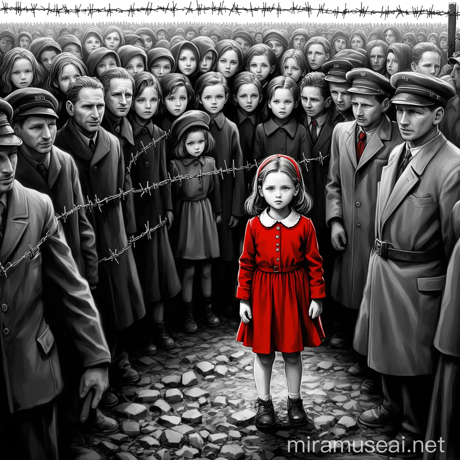 disegno della bambina con il vestito rosso di schindler's list che spicca tra una folla di persone in bianco e nero  con filo spinato 
