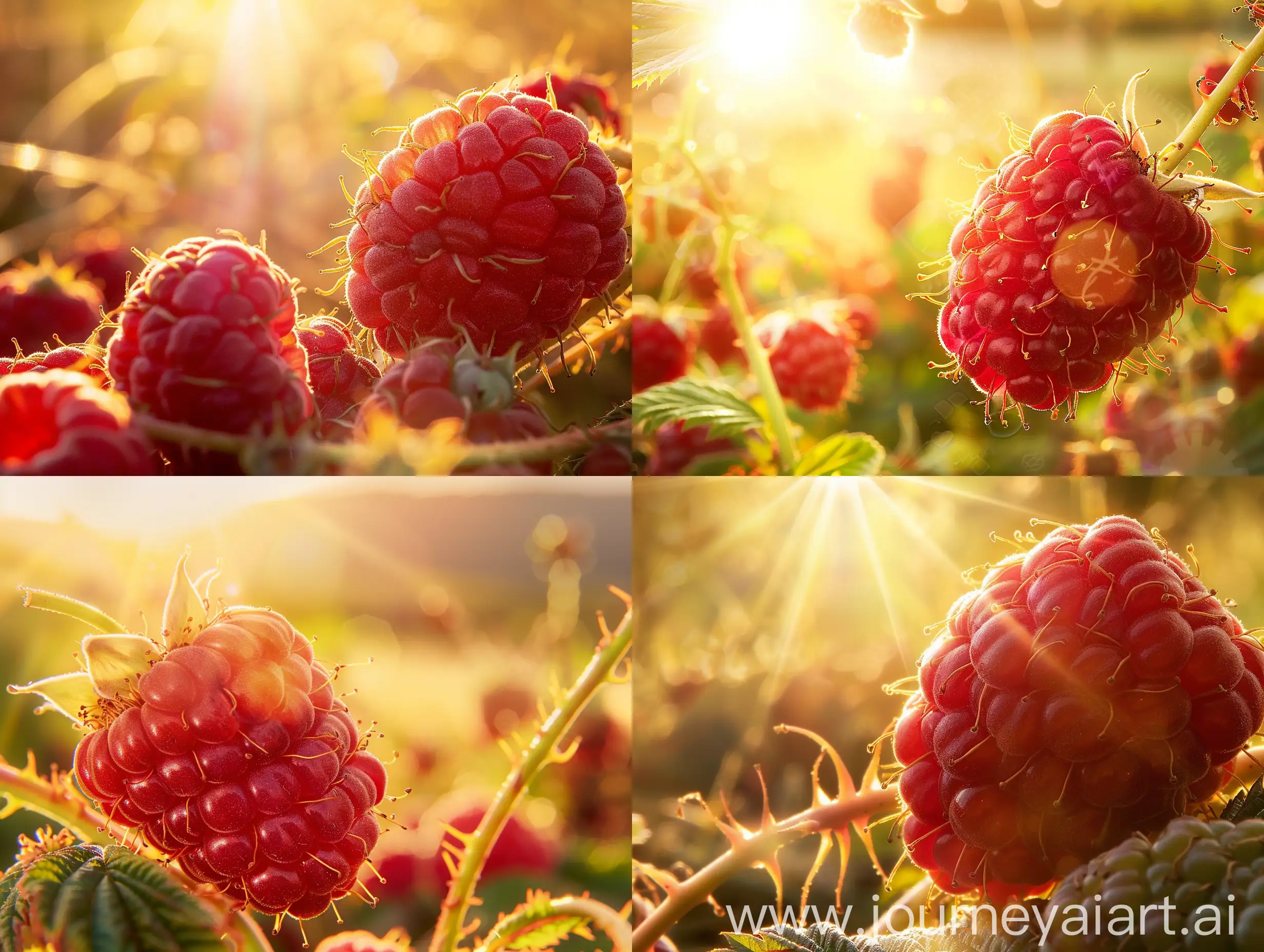 Close up high detailed photo capturing a Raspberry, Crimson Giant PPAF. The sun, casting a warm, golden glow, bathes the scene in a serene ambiance, illuminating the intricate details of each element. The composition centers on a Raspberry, Crimson Giant PPAF. Giants in raspberries, these very large, conical berries are exceptionally bright red and ripen late September through October. Fruits are firm, easy to pick and easily release when handpicking. Canes produce sparse short stout spines in the fruiting regi. The image evokes a sense of tranquility and natural beauty, inviting viewers to immerse themselves in the splendor of the landscape. --ar 16:9 