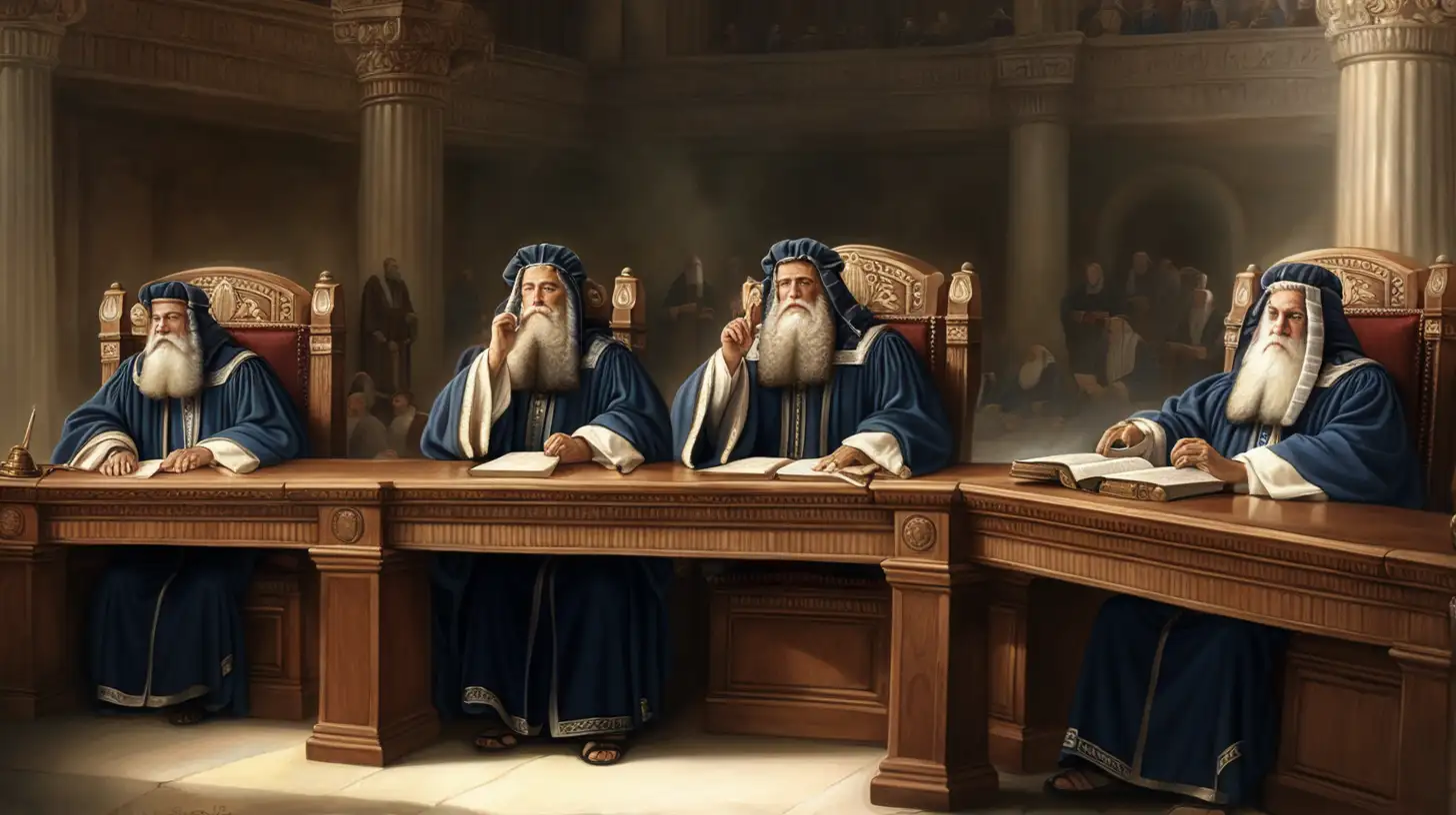 Biblical Epoch Three Hebrew Judges Presiding over Civil Code in Hebrew Court