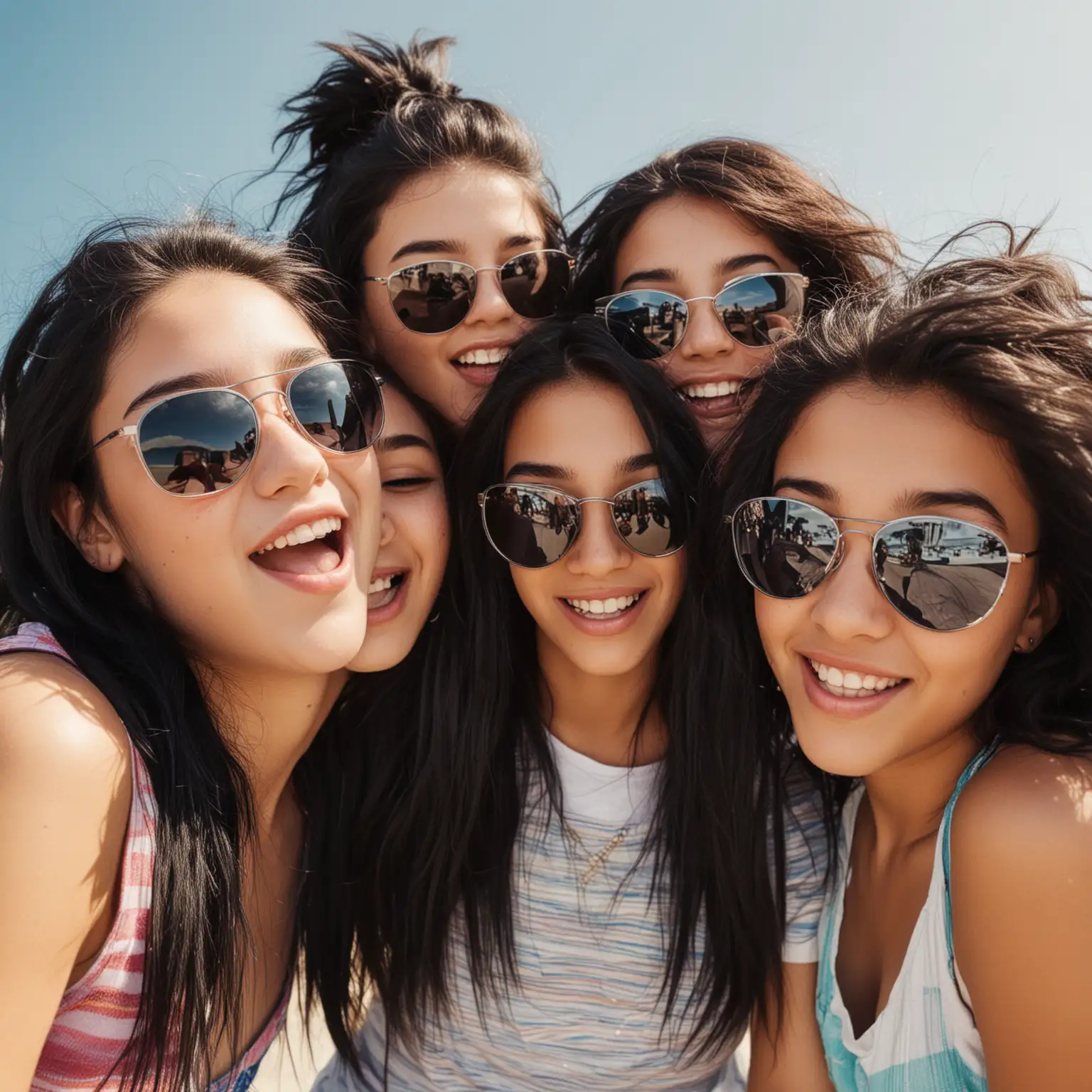 group of teenage girls having fun, one of the girls  has black hair, theyre all wearing sunglasses