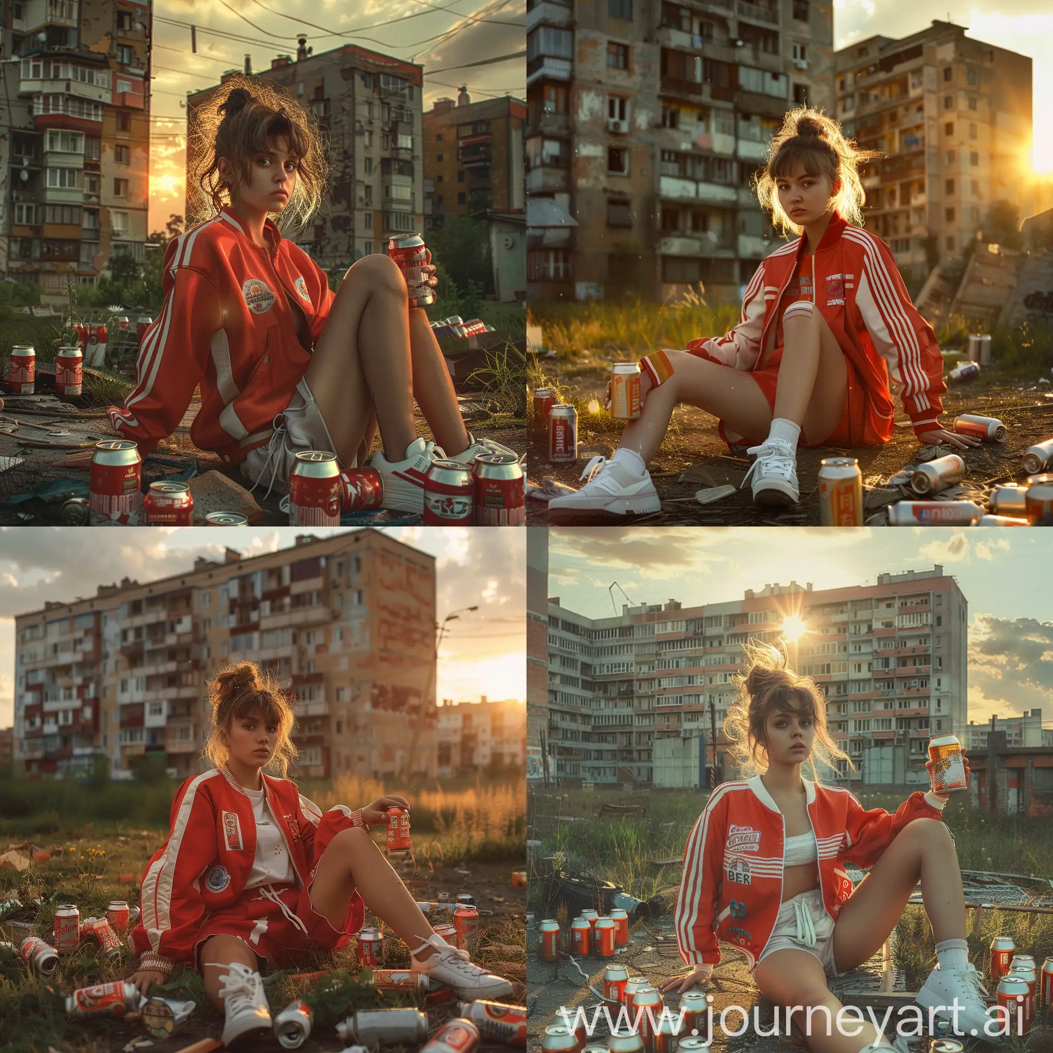 Create an image of a young woman sitting outdoors in an urban setting during sunset, reminiscent of post-Soviet aesthetics. She is wearing a vintage red track jacket with white stripes, sporty shorts, and white sneakers. Her hair is in a messy bun, and she holds a can of beer. Surrounding her are more beer cans, hinting at a casual gathering. The background features a large, weathered apartment building, typical of Eastern European architecture, with the sun setting behind it and casting a warm glow. The overall mood should evoke a sense of youthful rebellion and nostalgia, blending vibrant colors with the rough, gritty texture of urban decay.