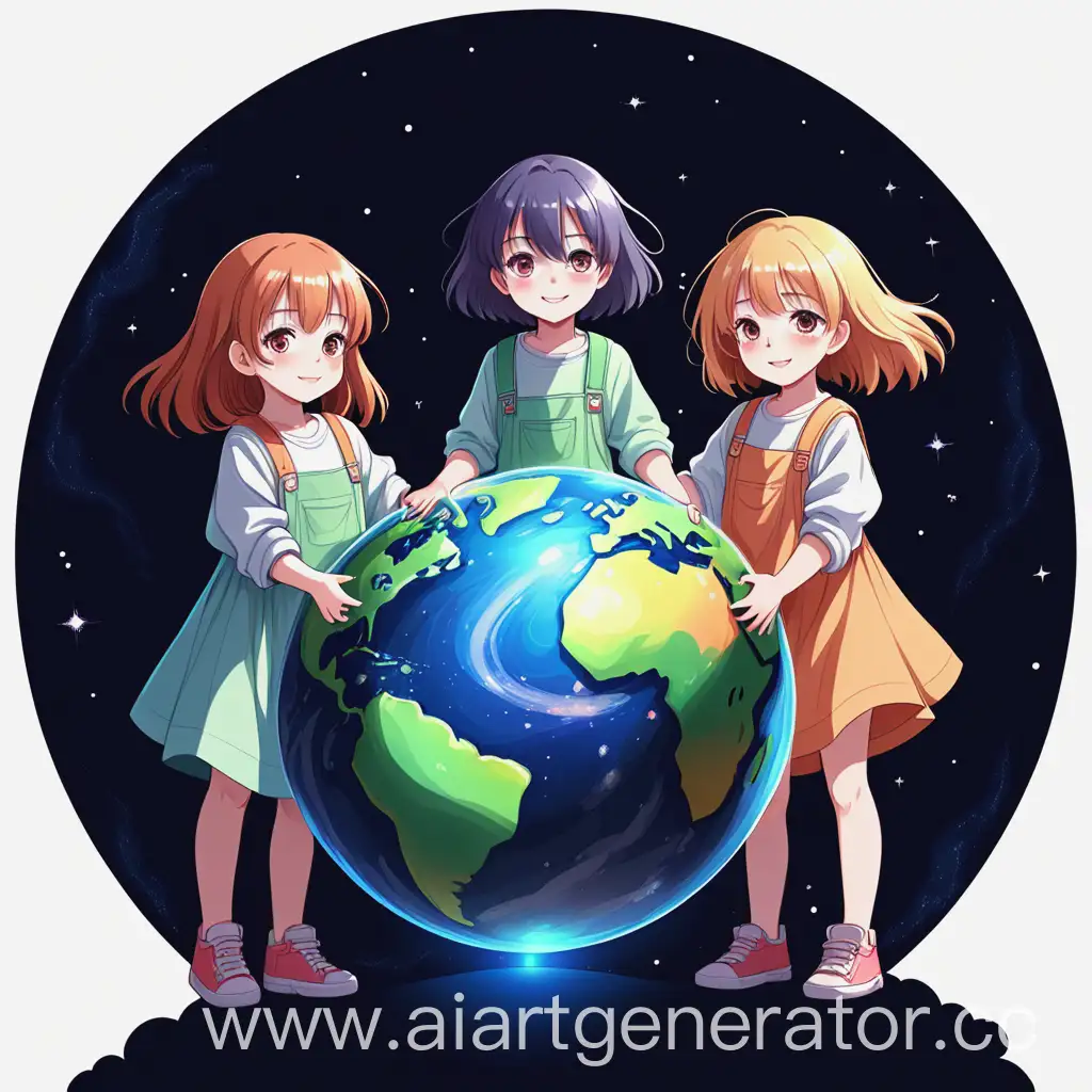 Three-Children-Holding-Planet-in-Anime-Style-with-Multicolored-Clothing