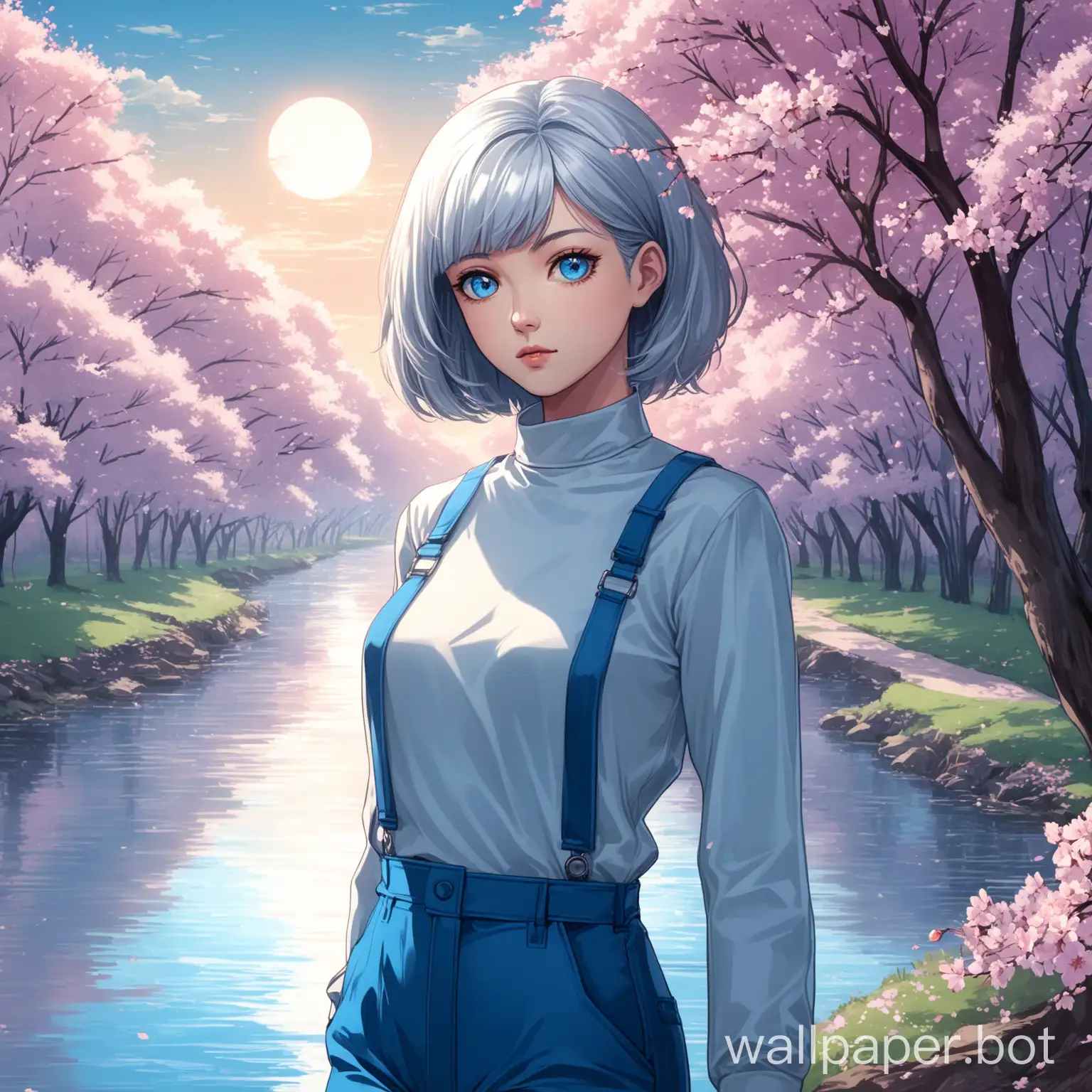 The wallpaper features a serene landscape scene with a modern twist. In the background, there's a tranquil river flowing gently, lined with cherry blossom trees in full bloom. The sky is painted in soft shades of blue and pink, creating a calming atmosphere.In the foreground, a confident and daring-looking girl stands by the riverbank. She has short, sleek silver hair that catches the light, adding to her bold and stylish appearance. She wears a chic and modern outfit, perhaps a form-fitting top paired with fashionable pants or a skirt, all in shades of blue or pink to match the monochromatic theme of the wallpaper.The girl's expression is determined and captivating, with a hint of mystery in her eyes. She exudes confidence and charisma, drawing the viewer's attention with her presence. The overall aesthetic is anime-inspired, with vibrant colors and expressive features, creating a visually stunning wallpaper that's both elegant and captivating.