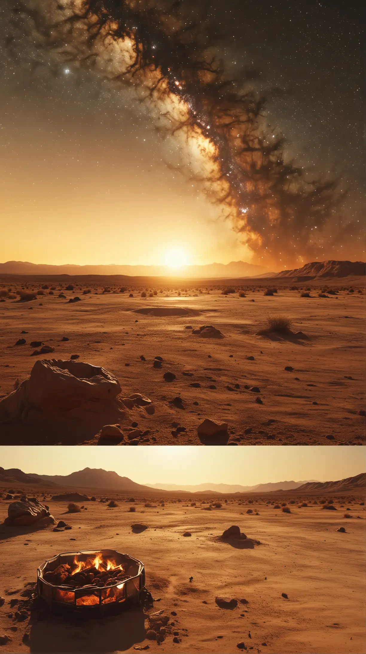 double exposure: movie still, view of distant galaxy seen from deep space and movie still, 1983, californian style, sand desert in middle east, campfire, sunset, landscape, wide shot, natural lighting, in the style of cinematic stills, cine still 50d, photo realistic, Yellow - Core.