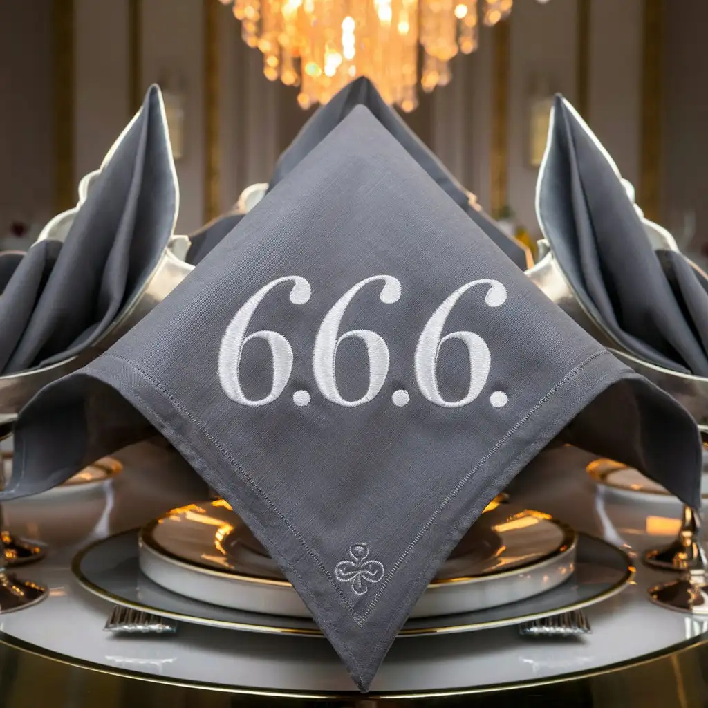 On the fancy table, a beautifully embroidered grey napkin adorned with the big striking numbers, 6.6.6. in white added an elegant touch. (Grey, embroidered, elegant, fancy, table setting, striking, white, numbers)