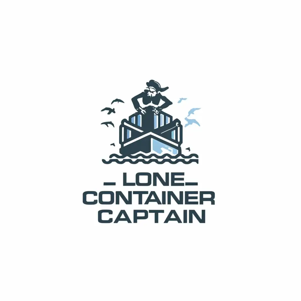 a logo design,with the text "Lone Container Captain", main symbol:Logo contains Captain on a docker container on water. All in Docker style, blue theme. Without boat only container. Container should be in docker style.,complex,be used in Internet industry,clear background