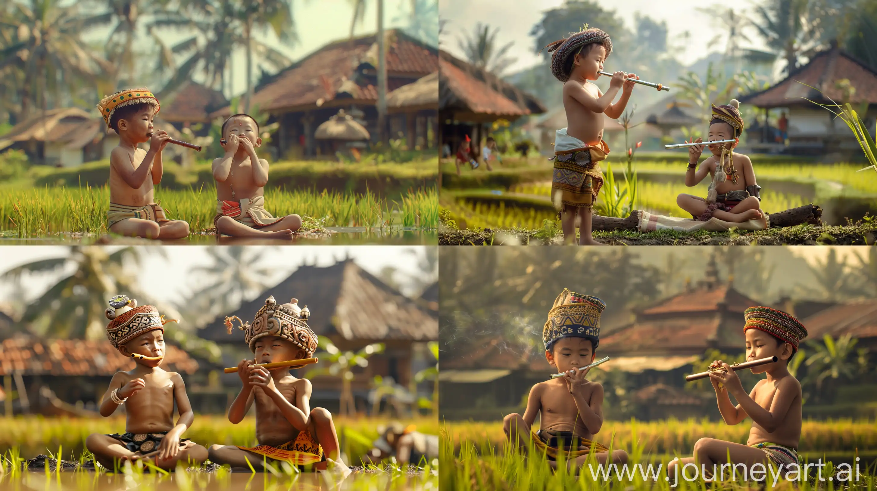 Kerajaan Sunda indonesia, ultra-realistic, di sebuah desa dan sawah ,seorang anak kecil tanpa kemeja dan memakai udeng khas bali di kepalanya, sedang meniup seruling di sebelah nya temannya duduk,, --v 6 --ar 16:9