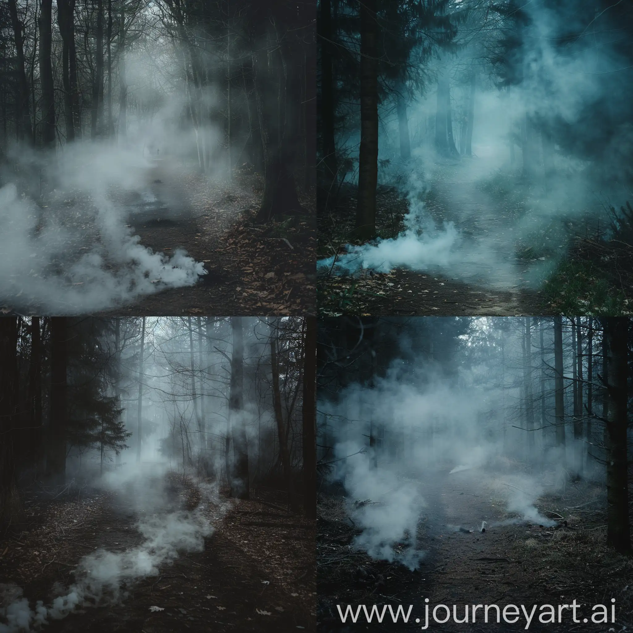 straight path in the forest, thick fog, smoke spreading along the ground, gloomy, horror style