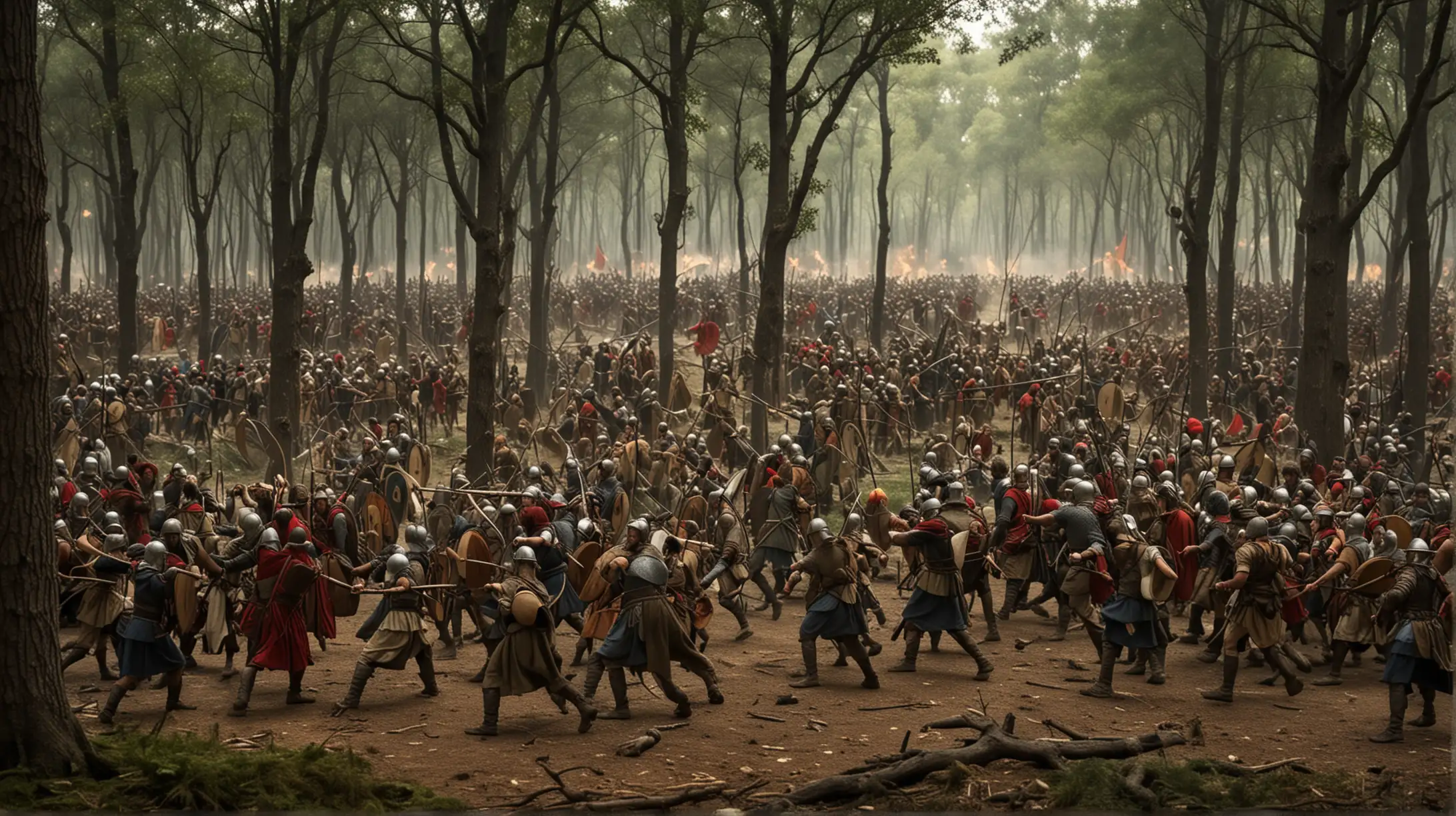 a battle scene in a forest. Set during the Biblical era of King David.