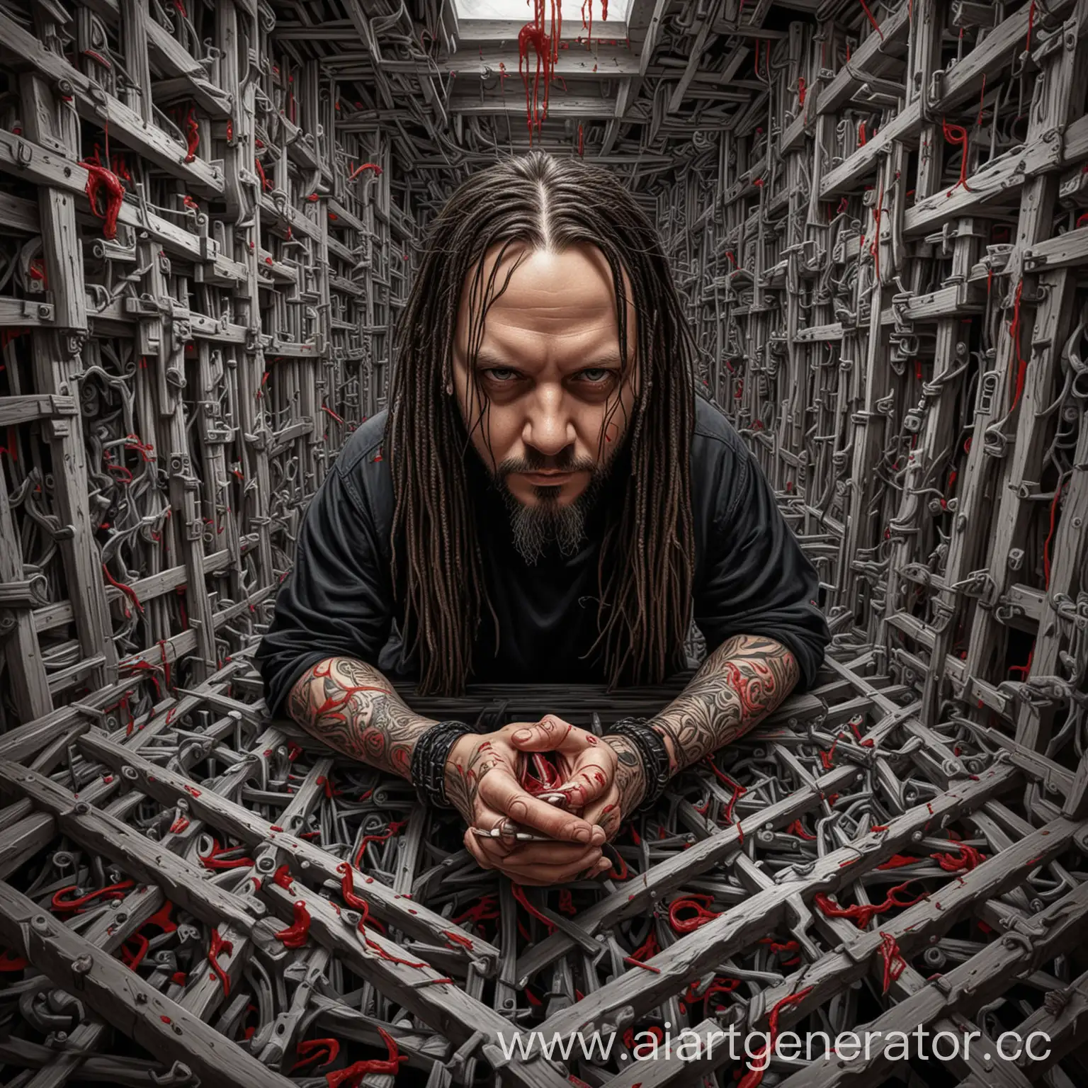 Jonathan Davis from Korn with blood and neon  in Escher style
