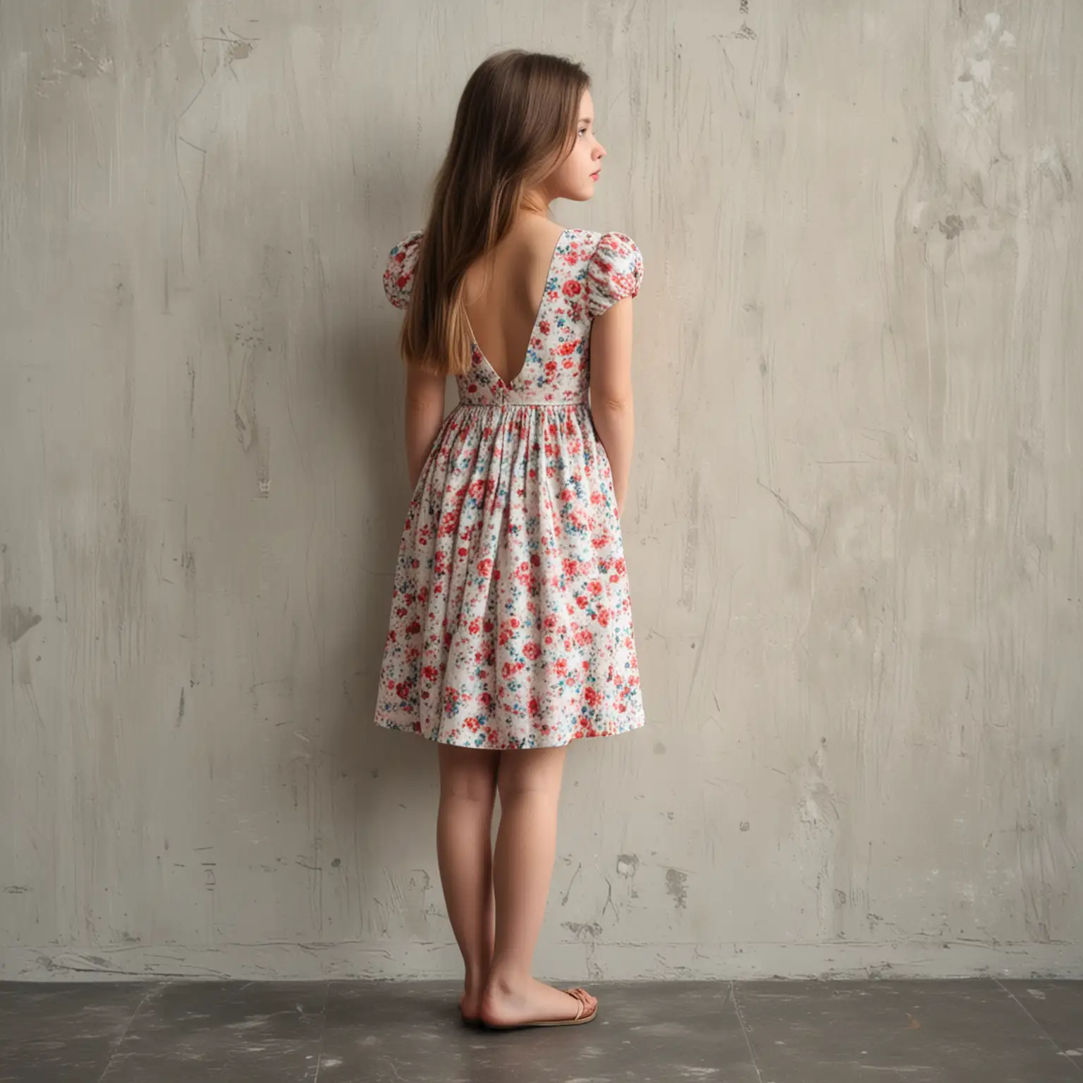 девушка в платье стоит спиной и смотрит в стену