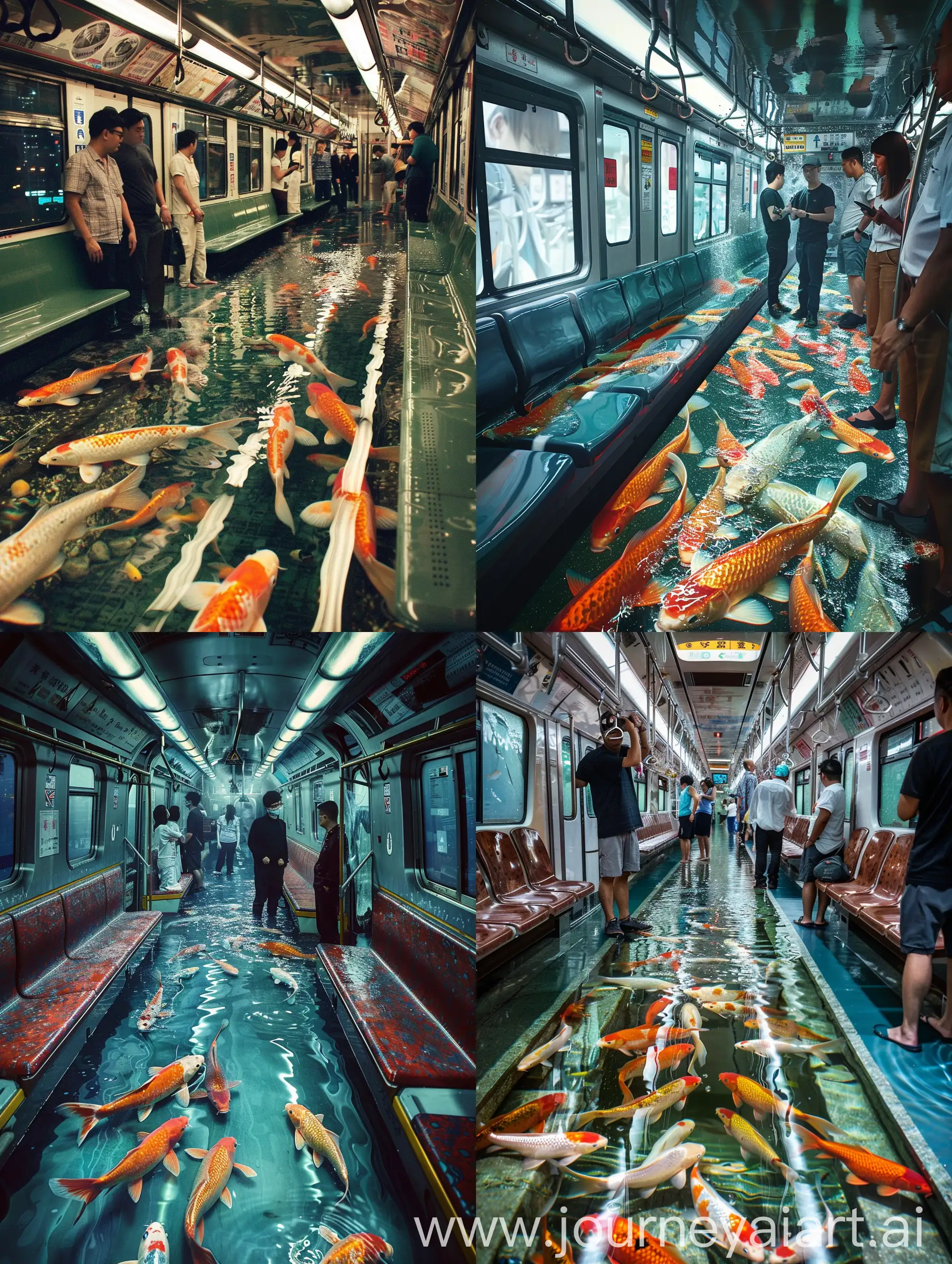A metro train in Hongkong, slightly filled with water and adorned with graceful koi fish swimming. People stand on the benches, cautious and afraid of getting wet, as this surreal fusion of urban transport and underwater beauty creates an unexpected and intriguing scene. The contrast between the hesitant passengers and the serene aquatic environment adds a whimsical touch to this imaginative scenario
