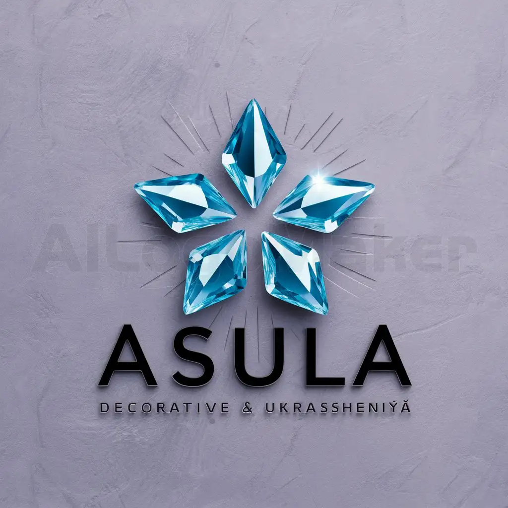 a logo design,with the text "Asula", main symbol:5 crystals, gathered into a star softly-blue background, stars purplish-blue,Moderate,be used in ukrasheniya industry,clear background