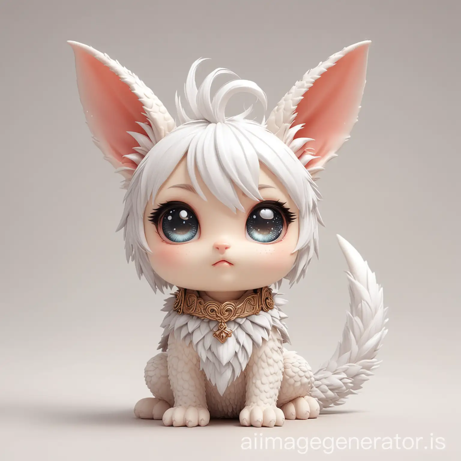 Character design Art toys: Chibi style, cute kitten, bunny ears, dragon tail in anime style, white background.