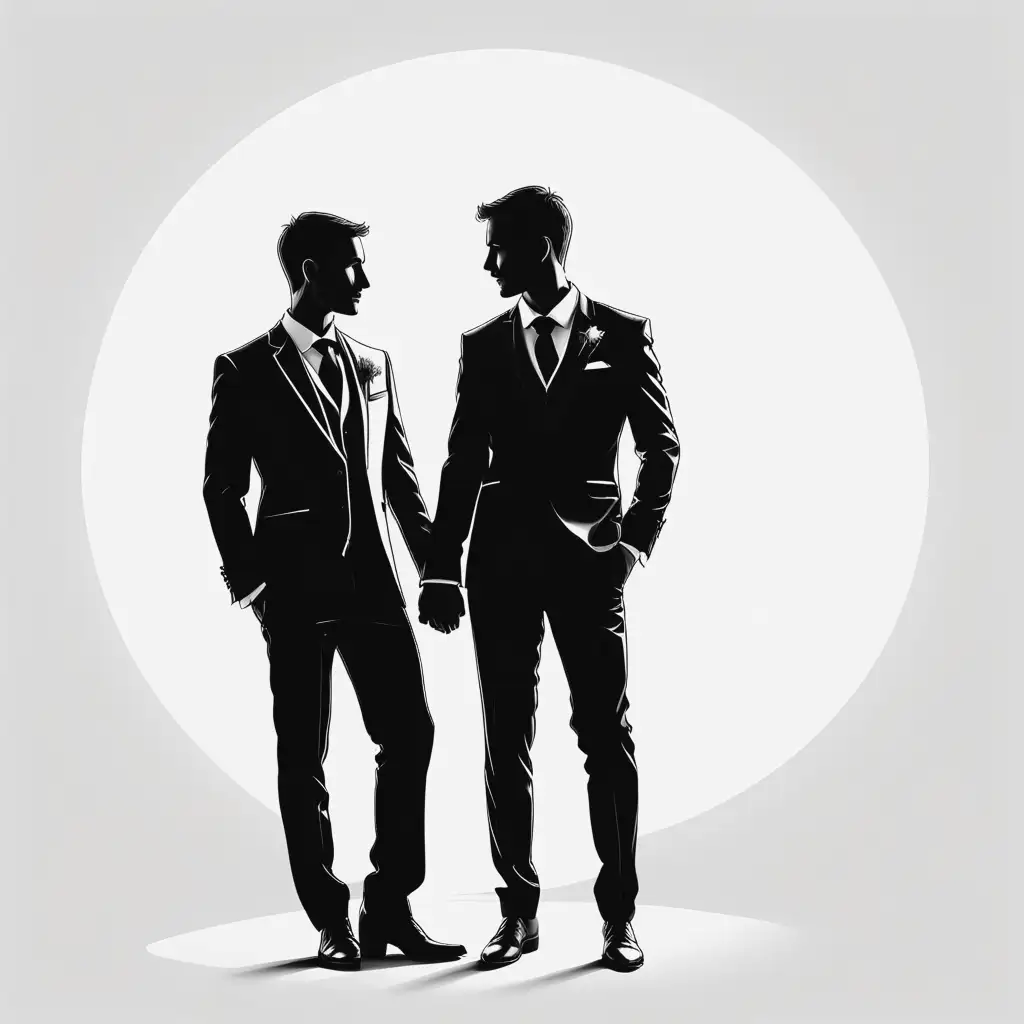 full body sihoulette image of a male wedding couple looking at each other, in black white drawing style, on a blank background