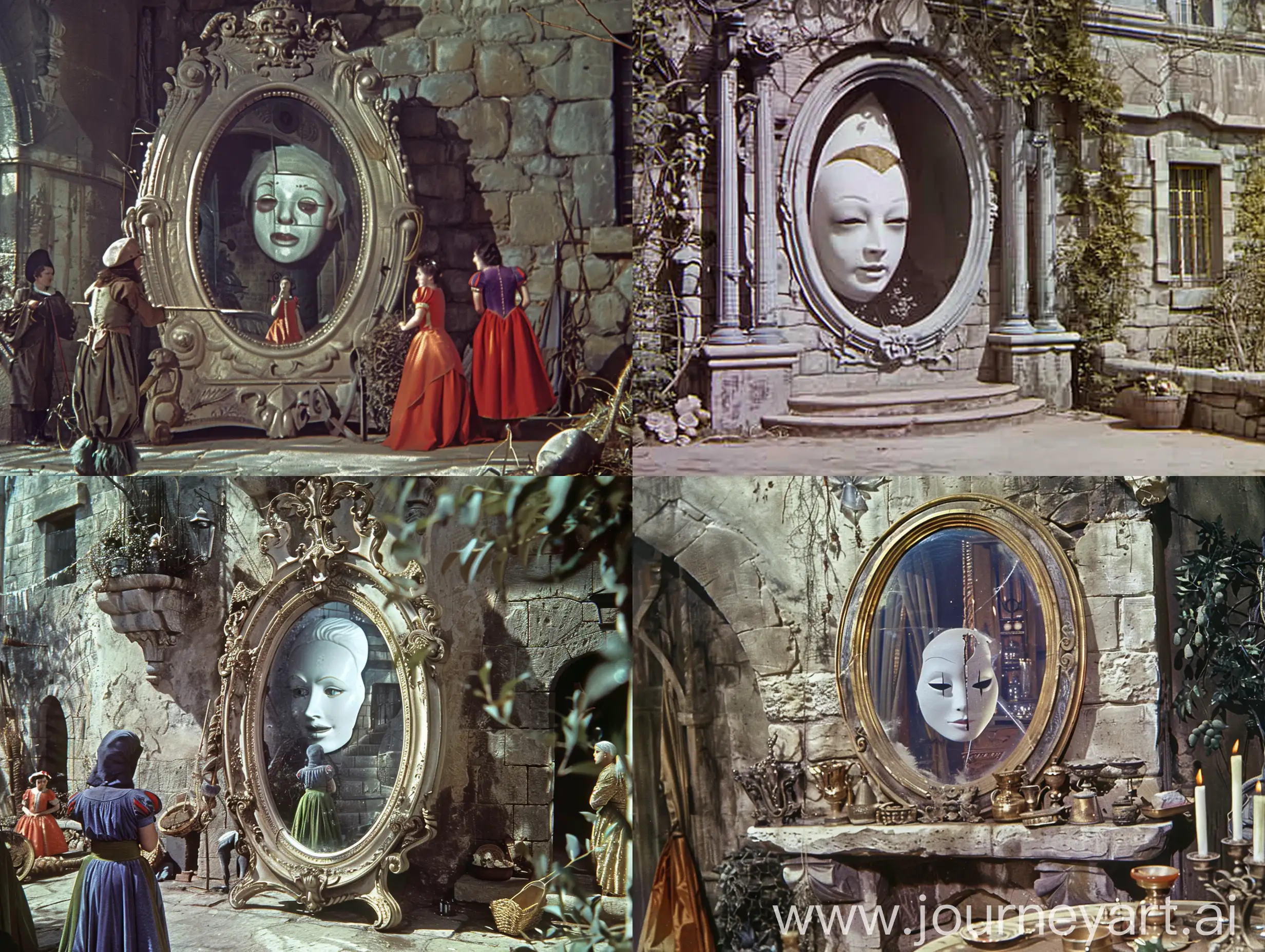 The magic big mirror of the story of Snow White. There is a face  like a white mask inside the mirror and it is talking.mirror on the castel,1950's Superpanavision 70 , vintage color 