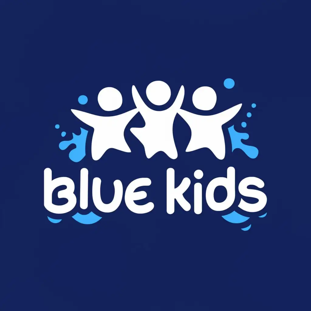 a logo design,with the text "Blue Kids", main symbol:three kids swiming and playing water sports together,Minimalistic,clear background