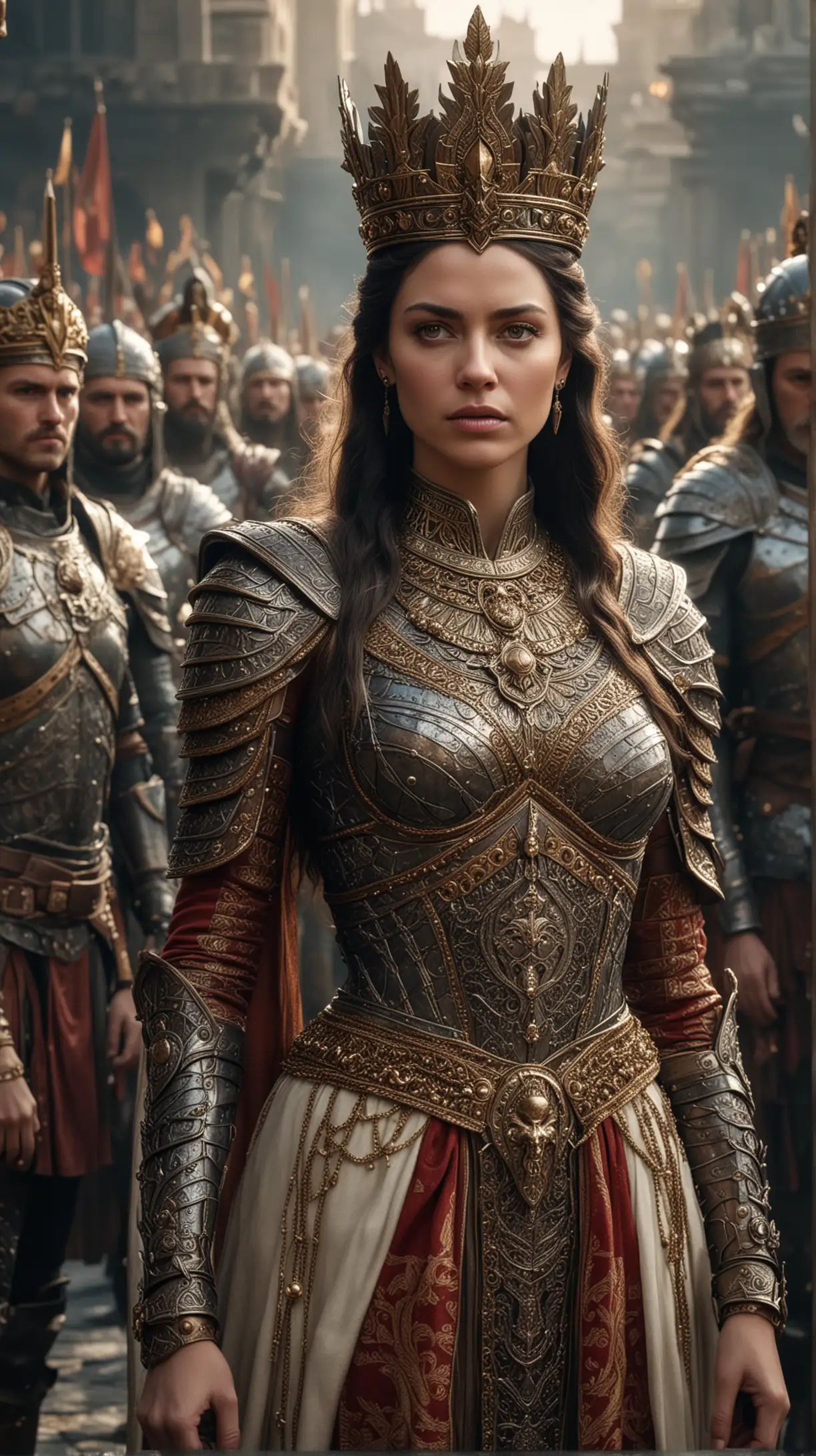 Queen Tomyris Leading Fearlessly in Ornate Armor and Crown