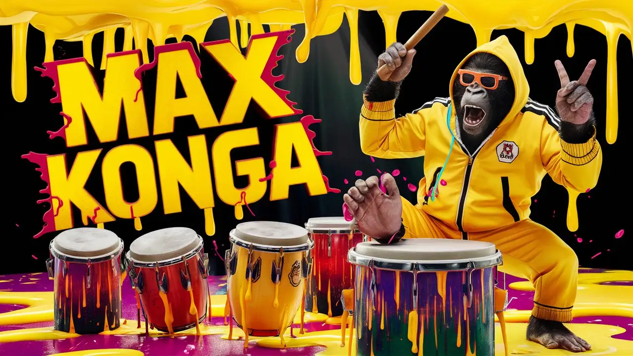 the words "MAX KONGA"  in a background in a BOLD mad max font style and colorful drippy slime with bright neon yellow colors and conga drums. gorilla wearing sunglasses and yellow tracksuits with hoodies. in a drippy slime CONGA DRUM melting