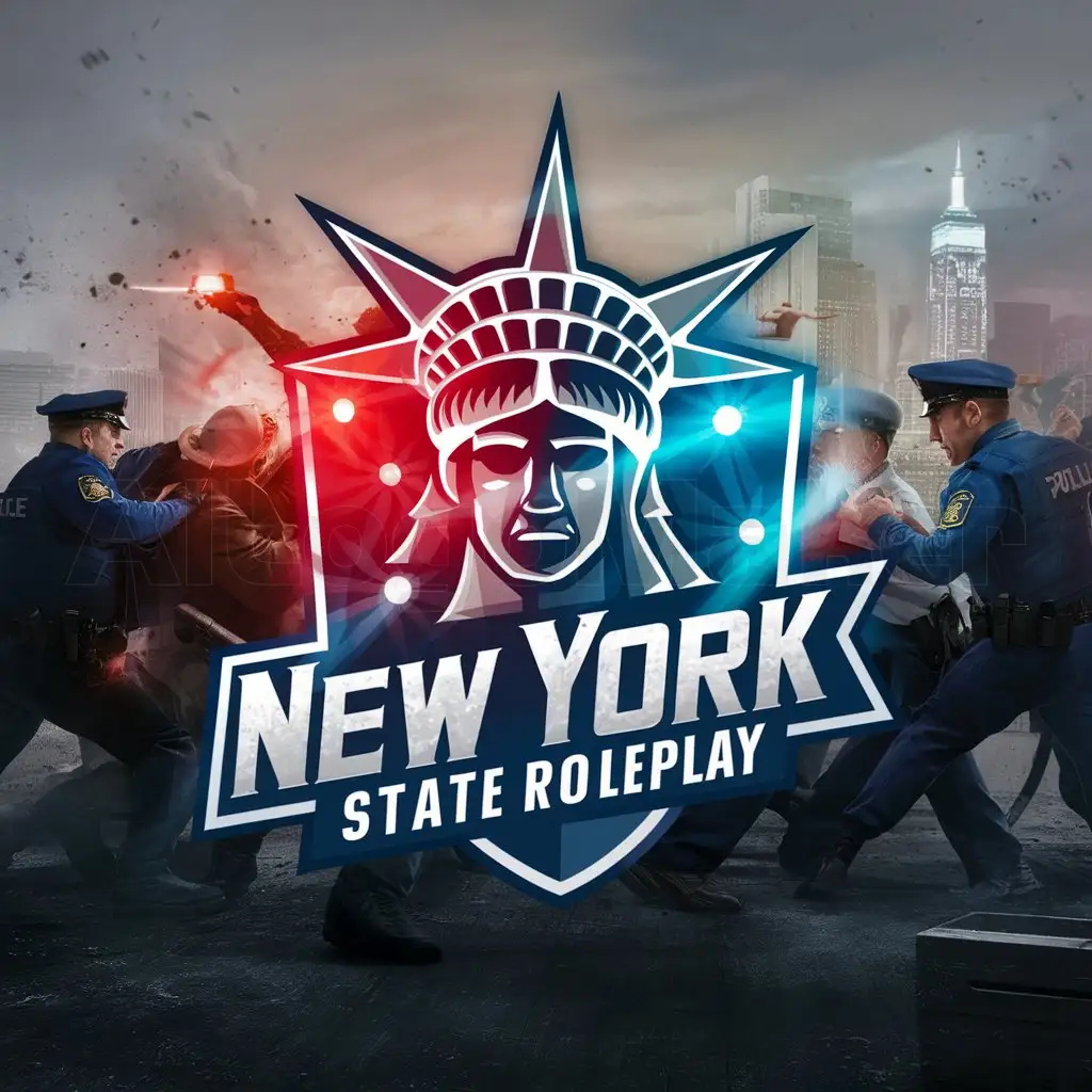 a logo design,with the text "New York State Roleplay", main symbol:Red a blue lights flashing of The Staue Of Liberty while the police are in an intense battle with criminals,Moderate,clear background