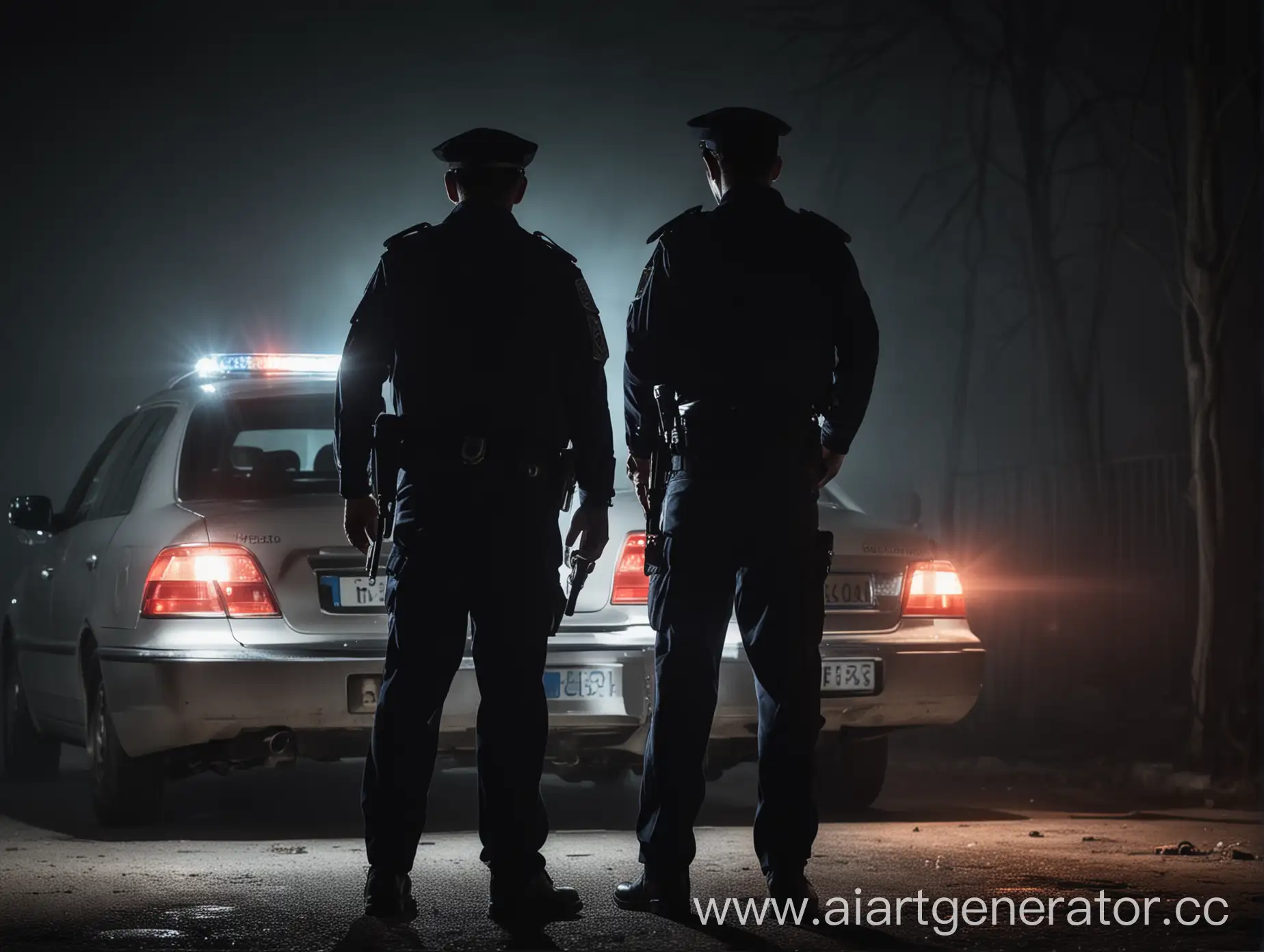 Police-Officer-Standing-by-Patrol-Car-with-Flashing-Lights-at-Night