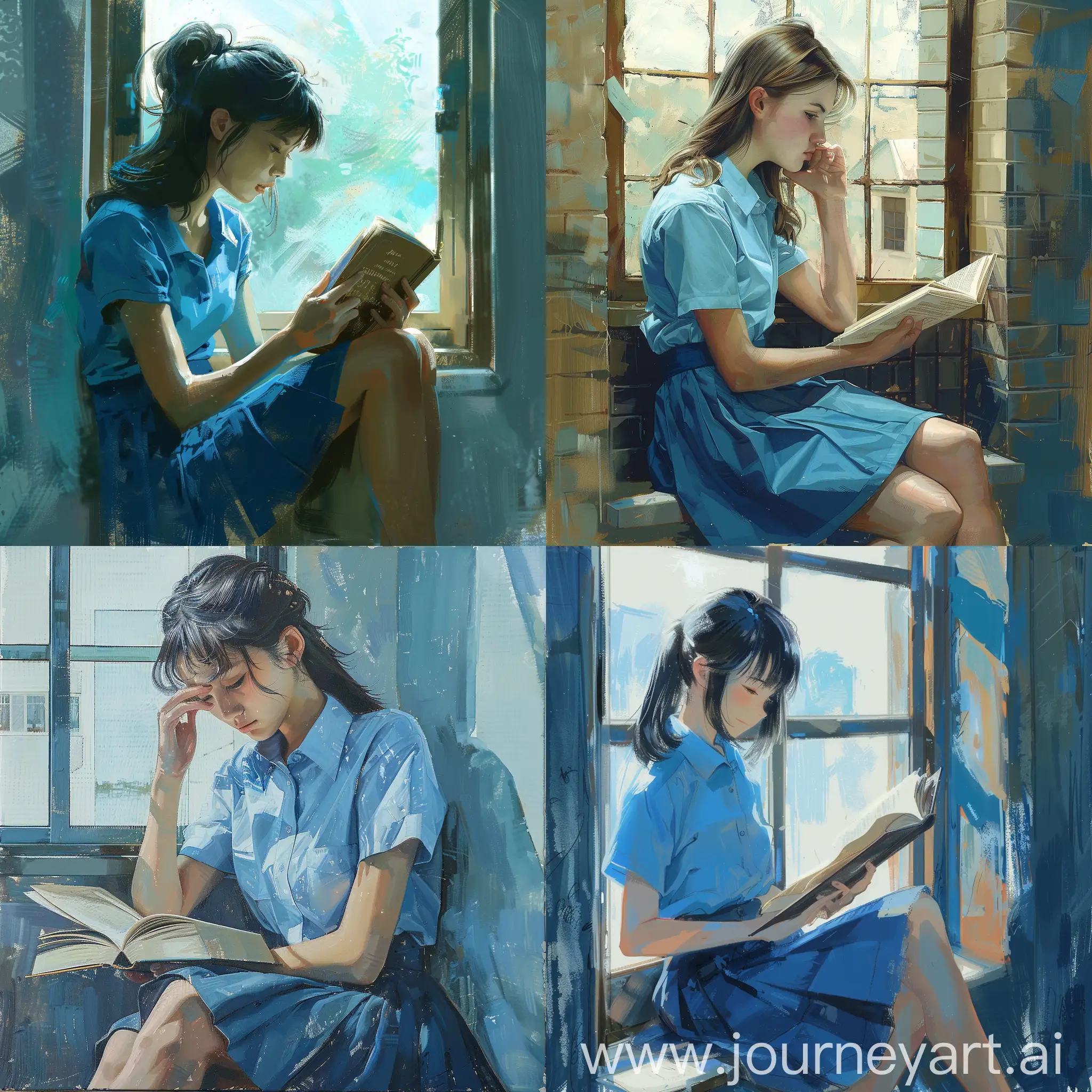 Девушка в синей рубашке и юбке сидит на окне учебного заведения и задумчиво читает книгу.