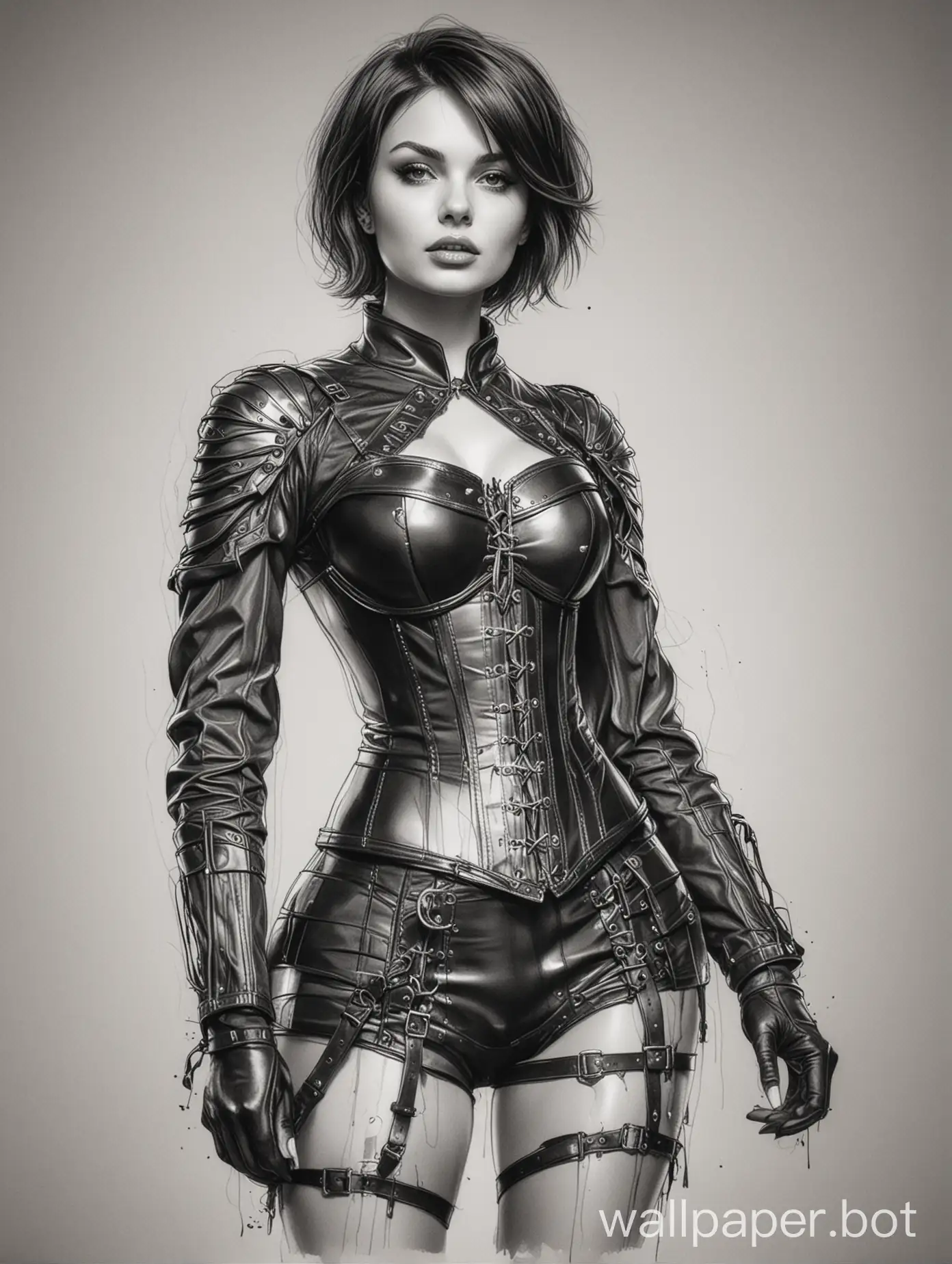 sketch Anna Volkova dark short hair breast 5 size narrow waist mag air leather corset with metal inserts and skirt with metal protection white background sketch marker black-and-white