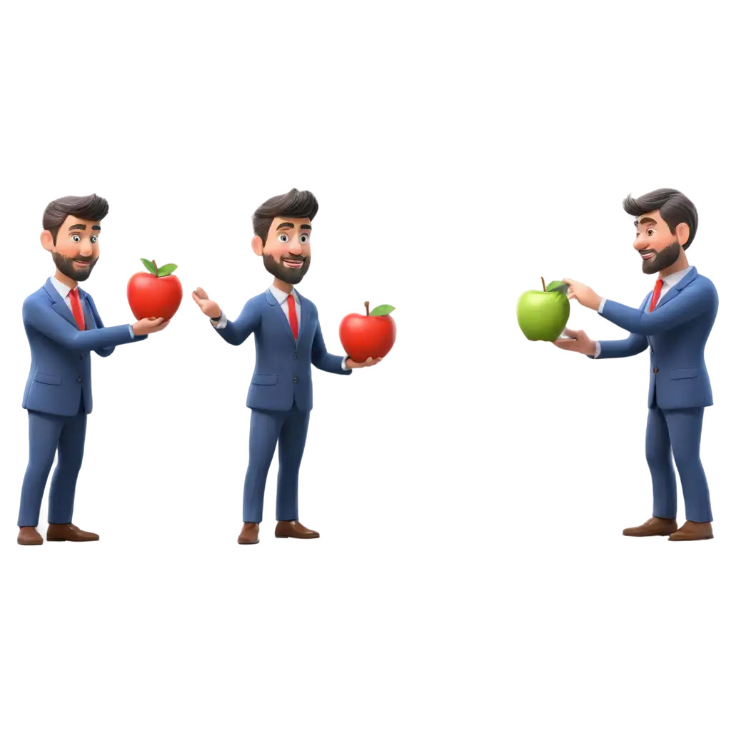 Cartoon-3D-Four-Business-Men-Selecting-Between-Three-Apples-in-Blue-PNG-Image