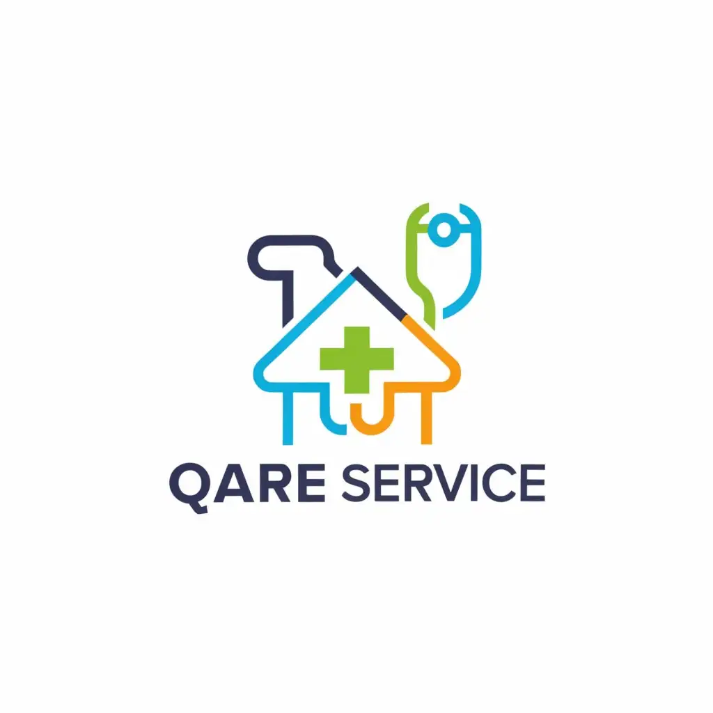 a logo design,with the text "Qare Service", main symbol:a hospital cross and a home, STÉTHOSCOPE,Minimalistic,be used in cheers industry,clear background