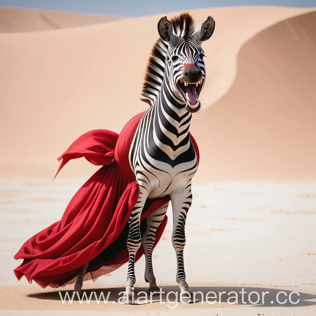 Прямоходящая Зебра на двух ногах  в огромном  красном платье делает mewing огромной челюстью на фоне песка
