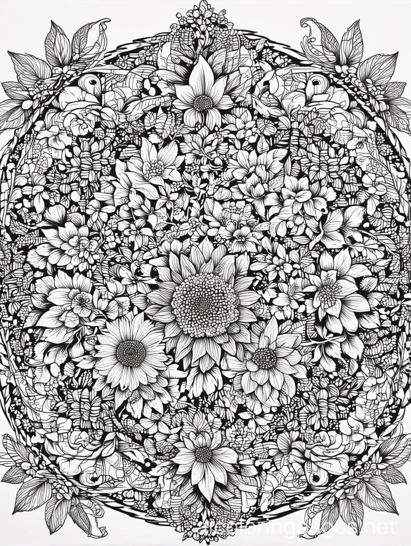 a lush. floral mandala with a mi of large  and small flowers , leaves, and vines, this design encourages a sense of growth and natural beauty
, Coloring Page, black and white, line art, white background, Simplicity, Ample White Space. The background of the coloring page is plain white to make it easy for young children to color within the lines. The outlines of all the subjects are easy to distinguish, making it simple for kids to color without too much difficulty