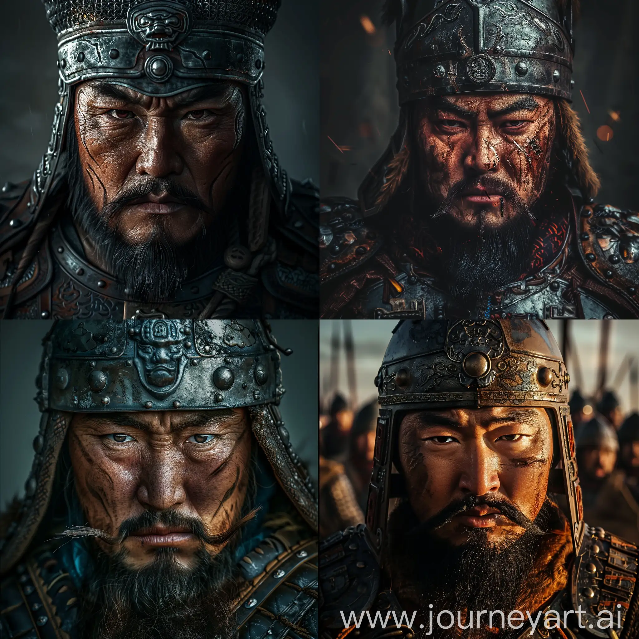 Portrait of Hulagu Khan, grandson of Genghis Khan, Khan of Ilkhanate, Mongolian beard and mustache, cruel face expression, war background, depicted in Mongolian armor and helmet, cinematic lighting