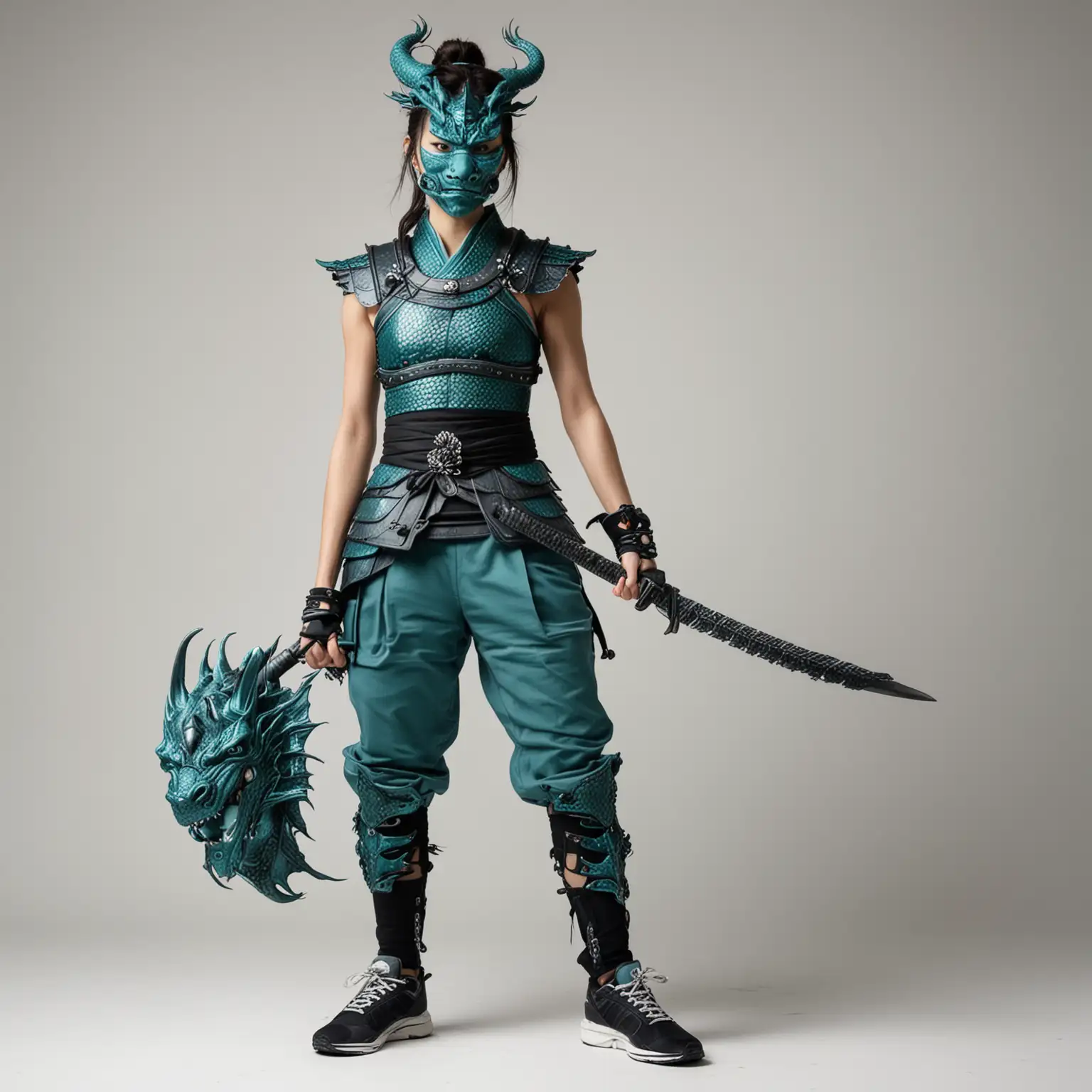 Strong thin beautiful Japanese woman in sleeveless teal dragon-face-samurai armor, black sneakers, white background