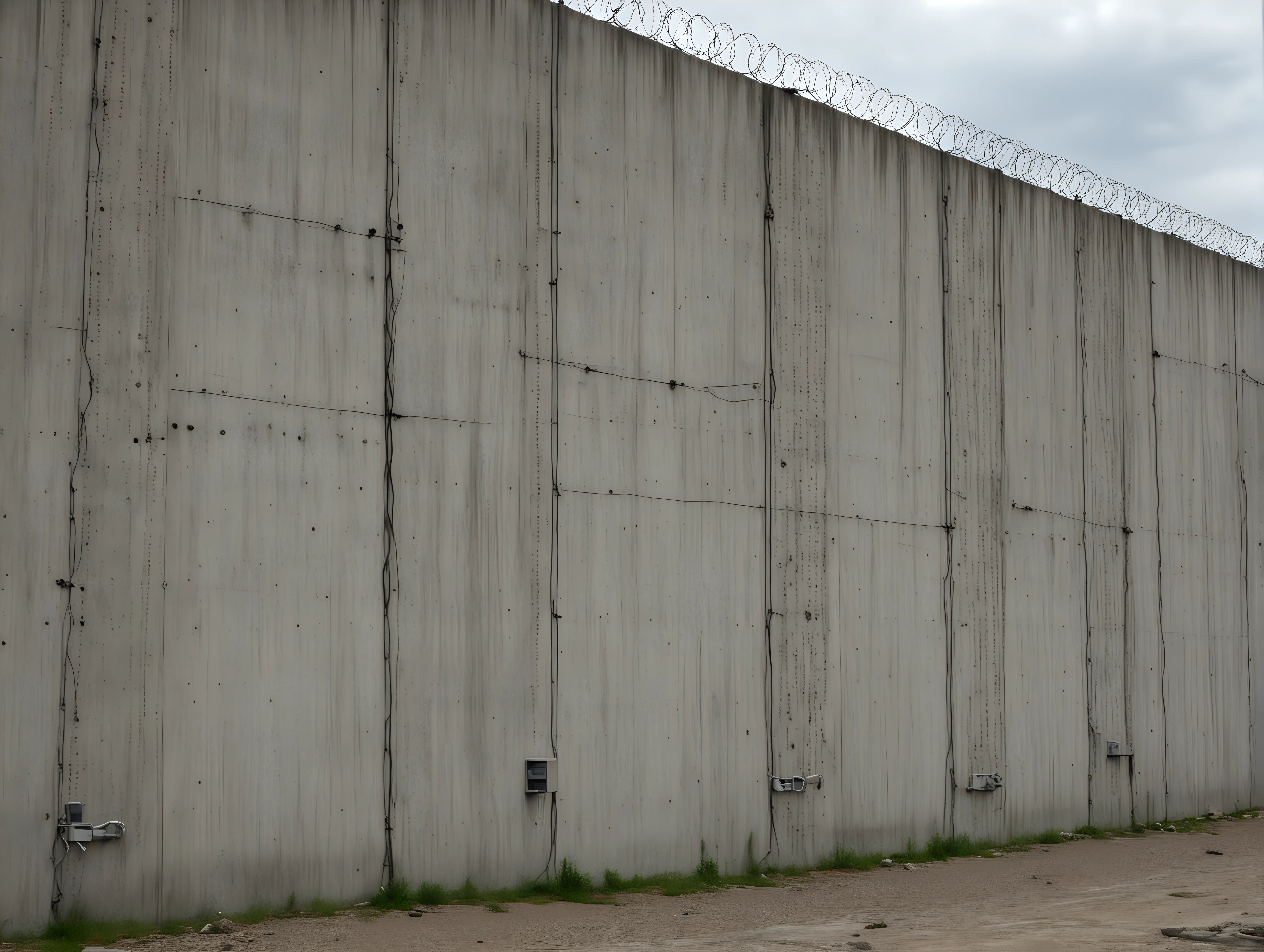 a giant concrete sci-fi wall with electric barbed wire on top

