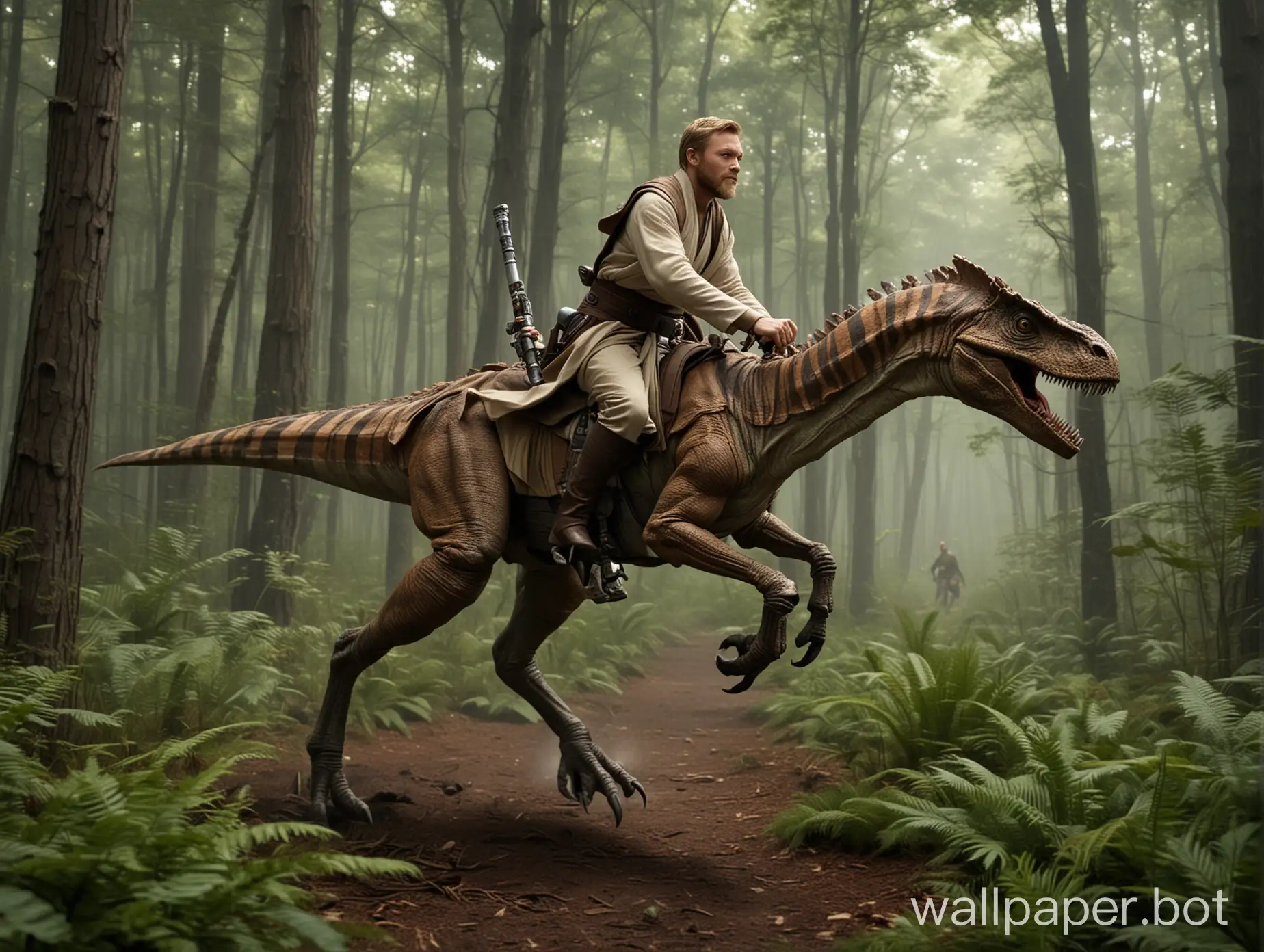Jedi Obi-Wan Kenobi with a lightsaber rides through the forest on a velociraptor