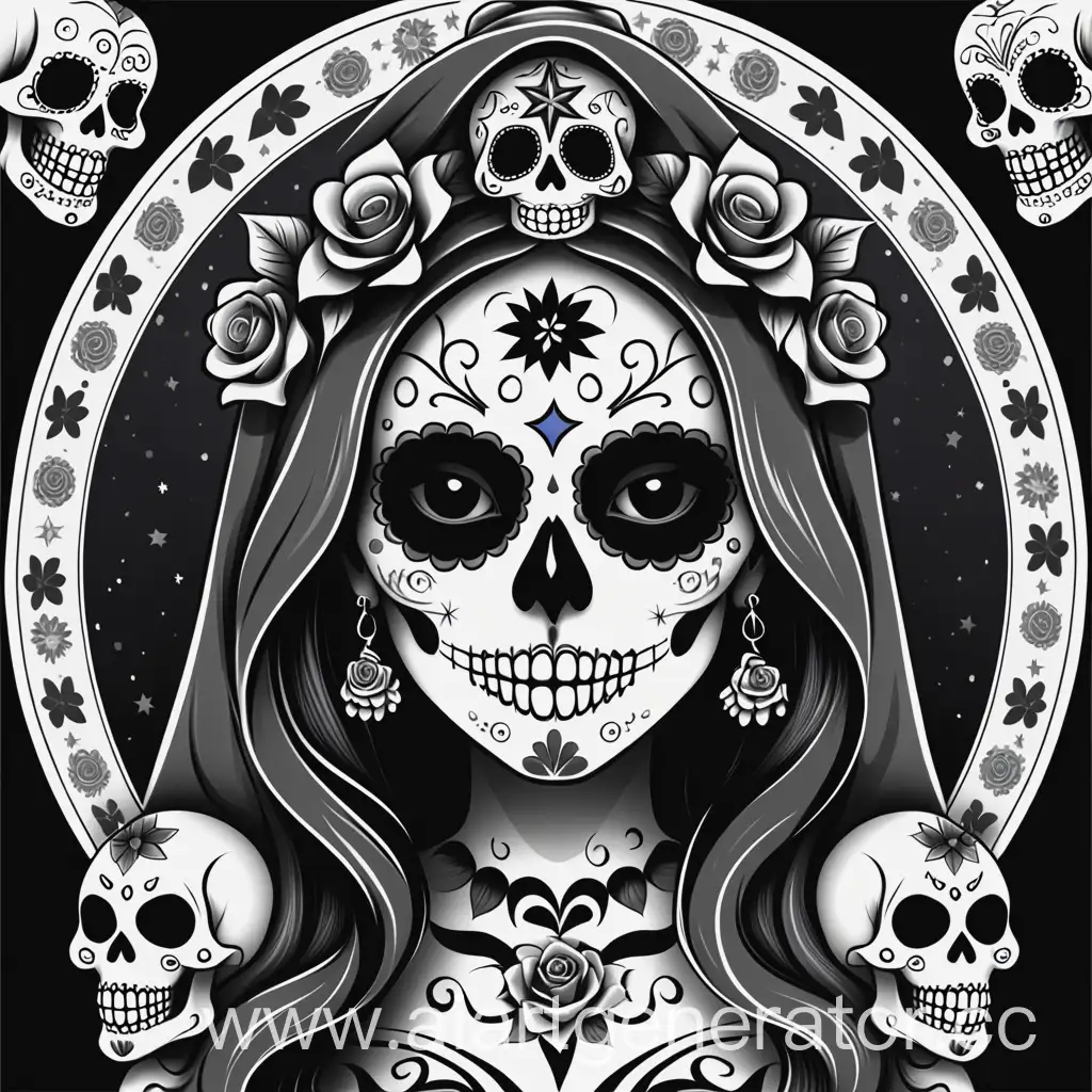 милая Santa Muerta, фон черно-белый, картинка для главной страницы сайта про таро и магию, черепа в мексиканском стиле как декор, и надпись в стиле муертос, Santa Muerta magik