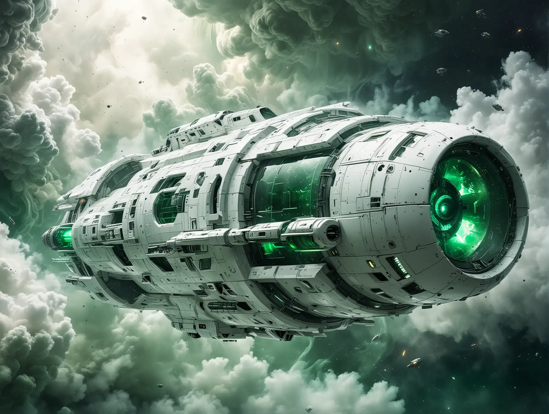 A futuristic huge white spaceship with a lot of green smoke and with green windows. the background is in the space.