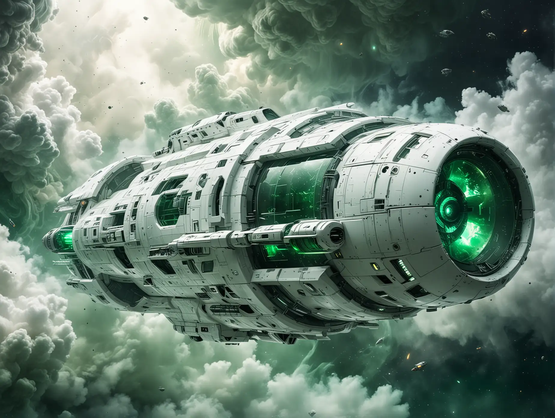 A futuristic huge white spaceship with a 
 lot of green smoke and with green windows.
the background is in the space.